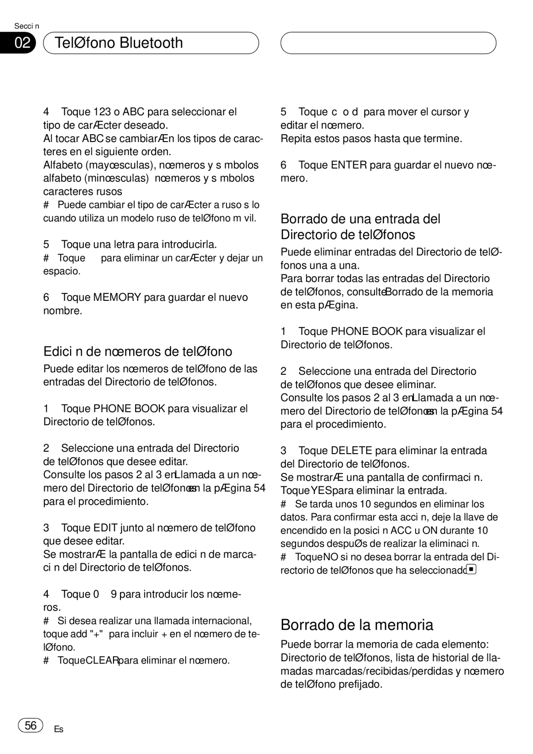 Pioneer CD-BTB20 owner manual 02 Teléfono Bluetooth, Borrado de la memoria, Edición de números de teléfono 