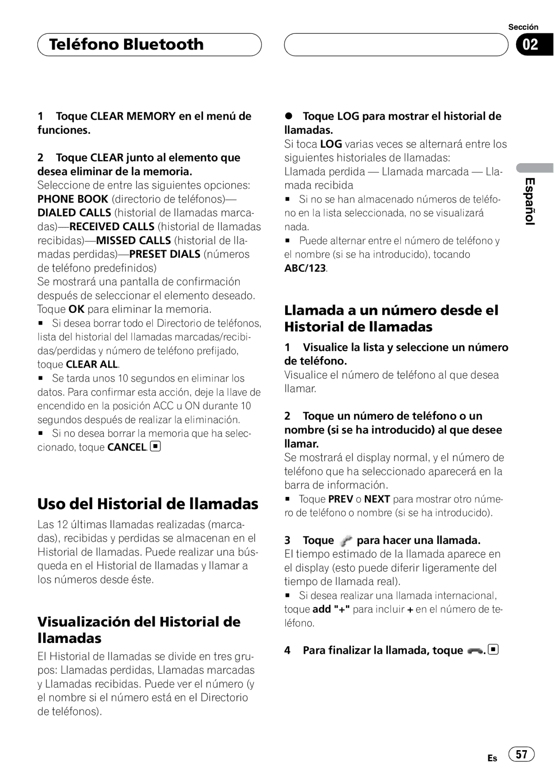 Pioneer CD-BTB20 Uso del Historial de llamadas, Visualización del Historial de llamadas, Toque Clear ALL, Mada recibida 