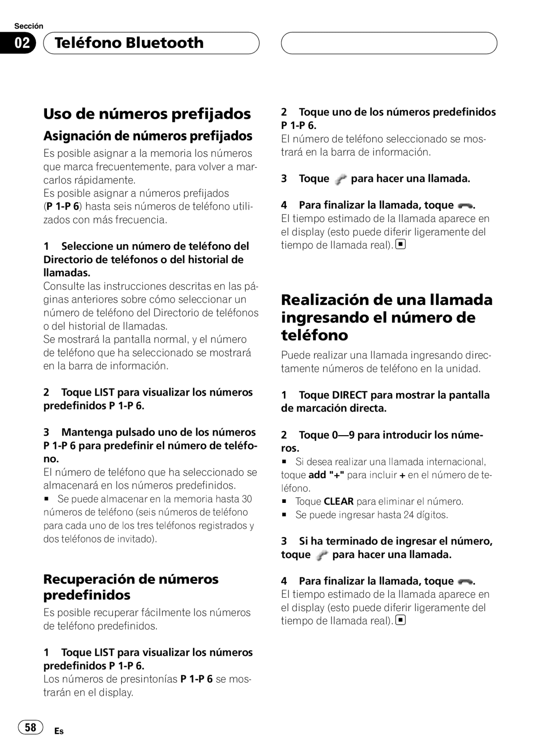 Pioneer CD-BTB20 Teléfono Bluetooth Uso de números prefijados, Realización de una llamada ingresando el número de teléfono 