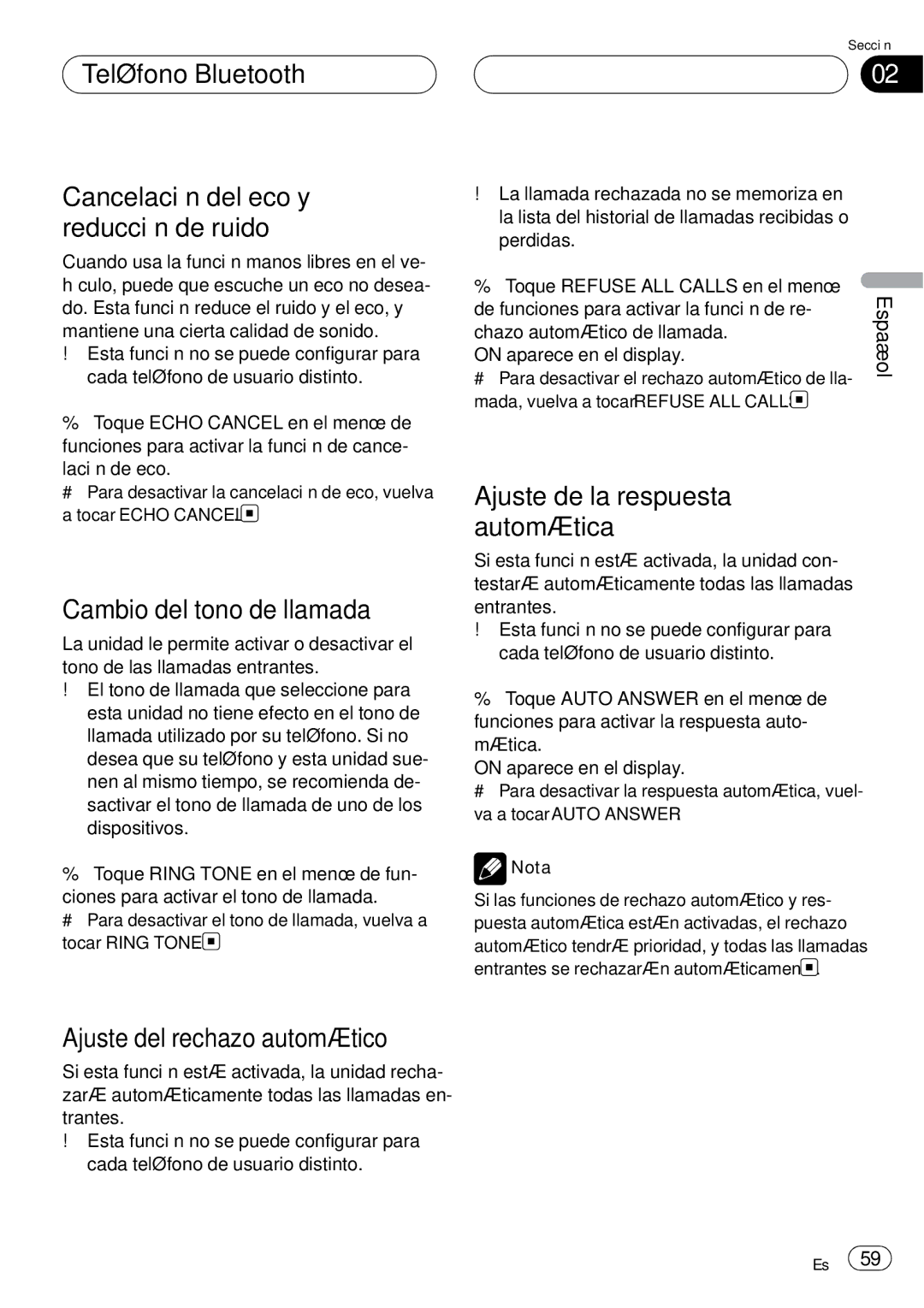 Pioneer CD-BTB20 owner manual Teléfono Bluetooth Cancelación del eco y reducción de ruido, Cambio del tono de llamada 