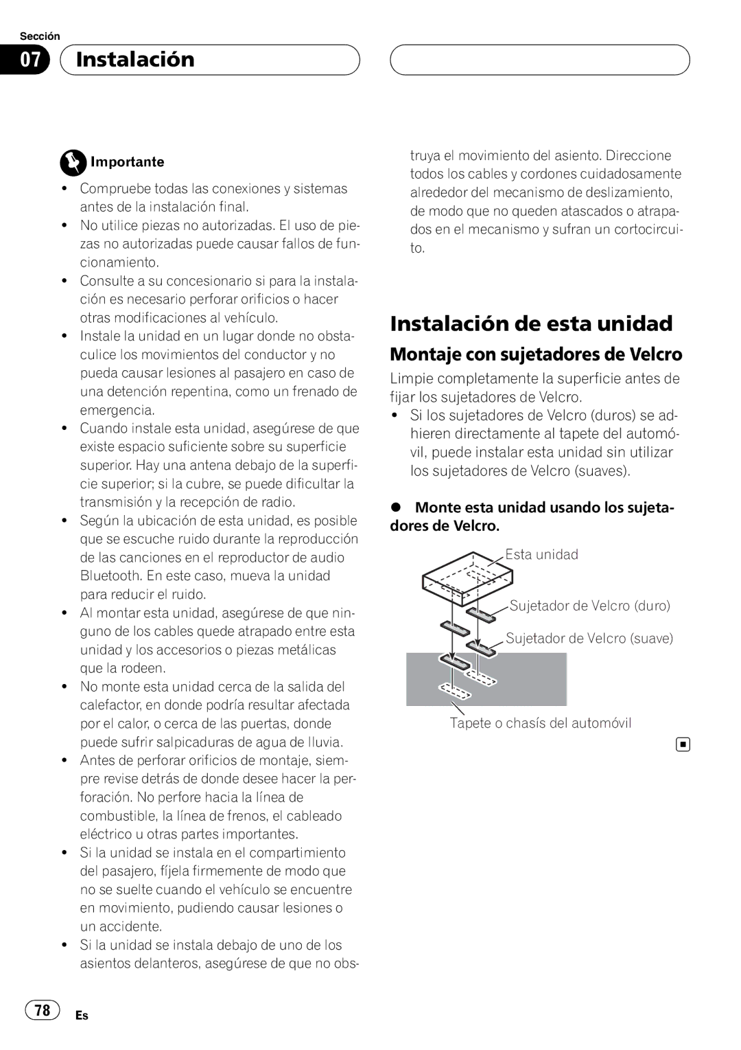 Pioneer CD-BTB20 Instalación de esta unidad, Montaje con sujetadores de Velcro, Tapete o chasís del automóvil 