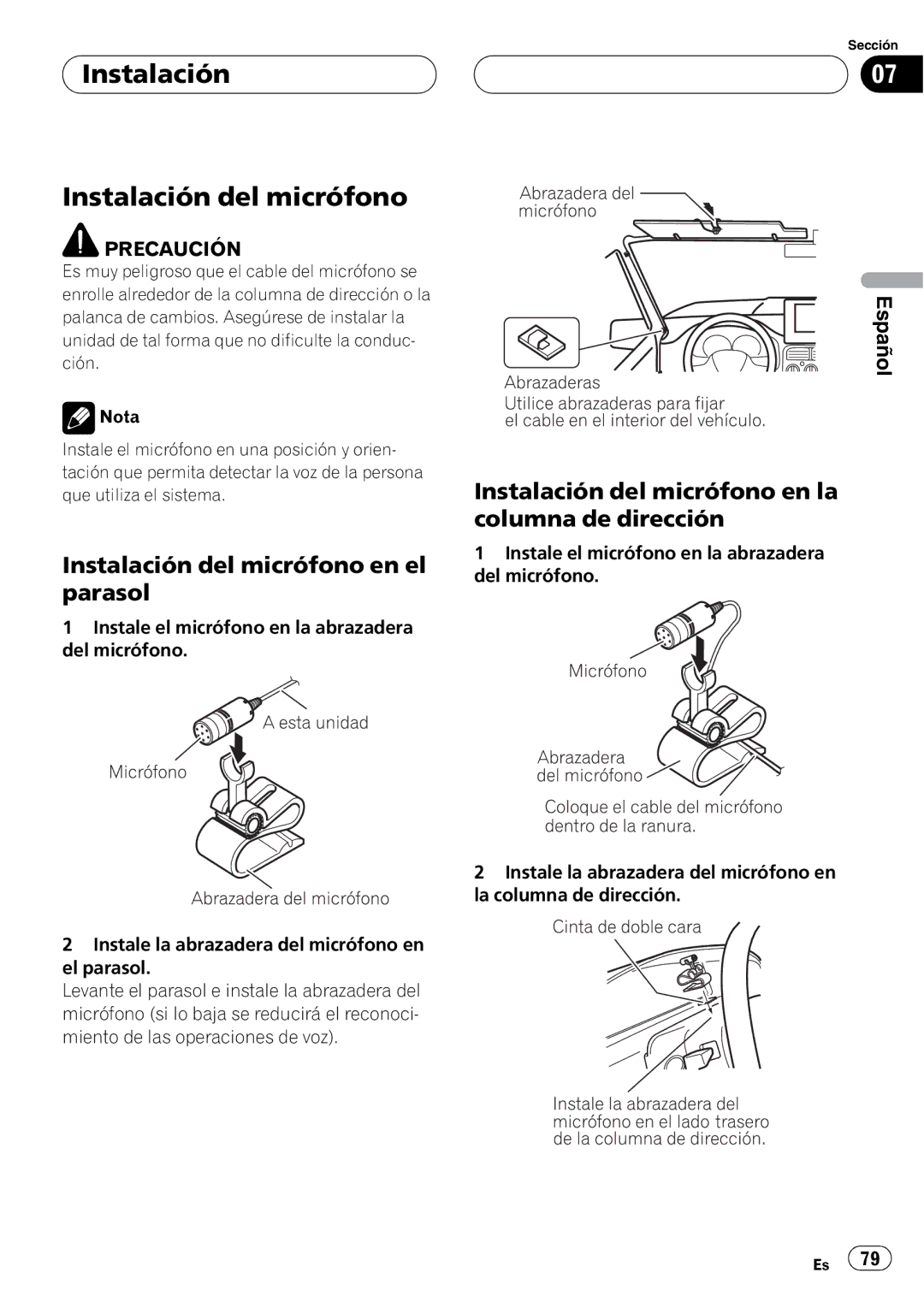 Pioneer CD-BTB20 owner manual Instalación Instalación del micrófono, Instalación del micrófono en el parasol 