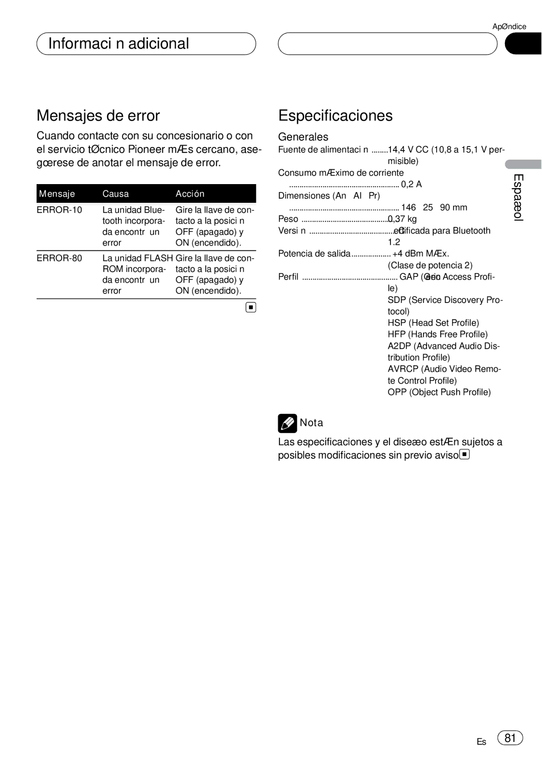 Pioneer CD-BTB20 owner manual Información adicional Mensajes de error, Especificaciones, Generales 