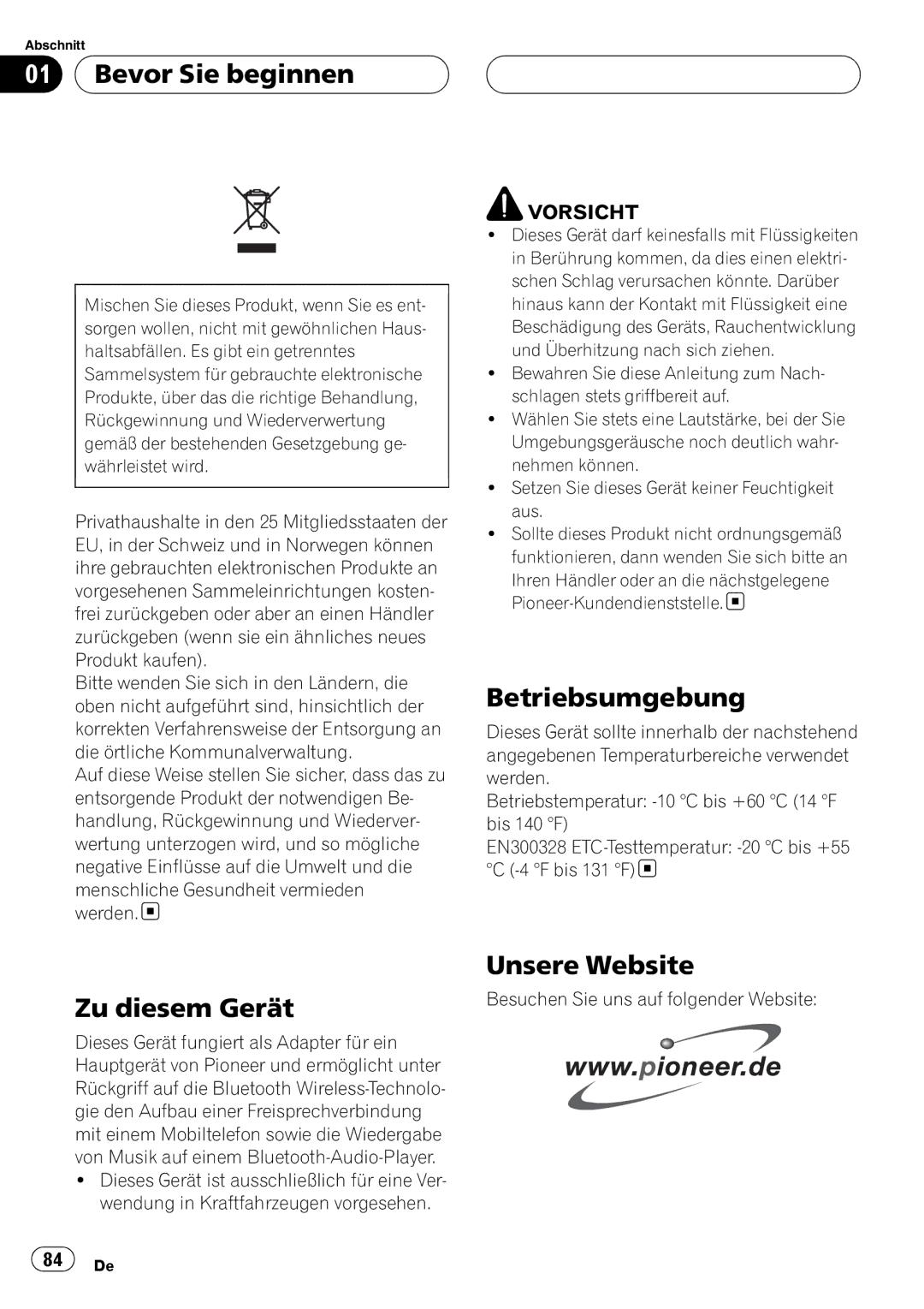 Pioneer CD-BTB20 owner manual Bevor Sie beginnen, Betriebsumgebung, Zu diesem Gerät, Unsere Website 