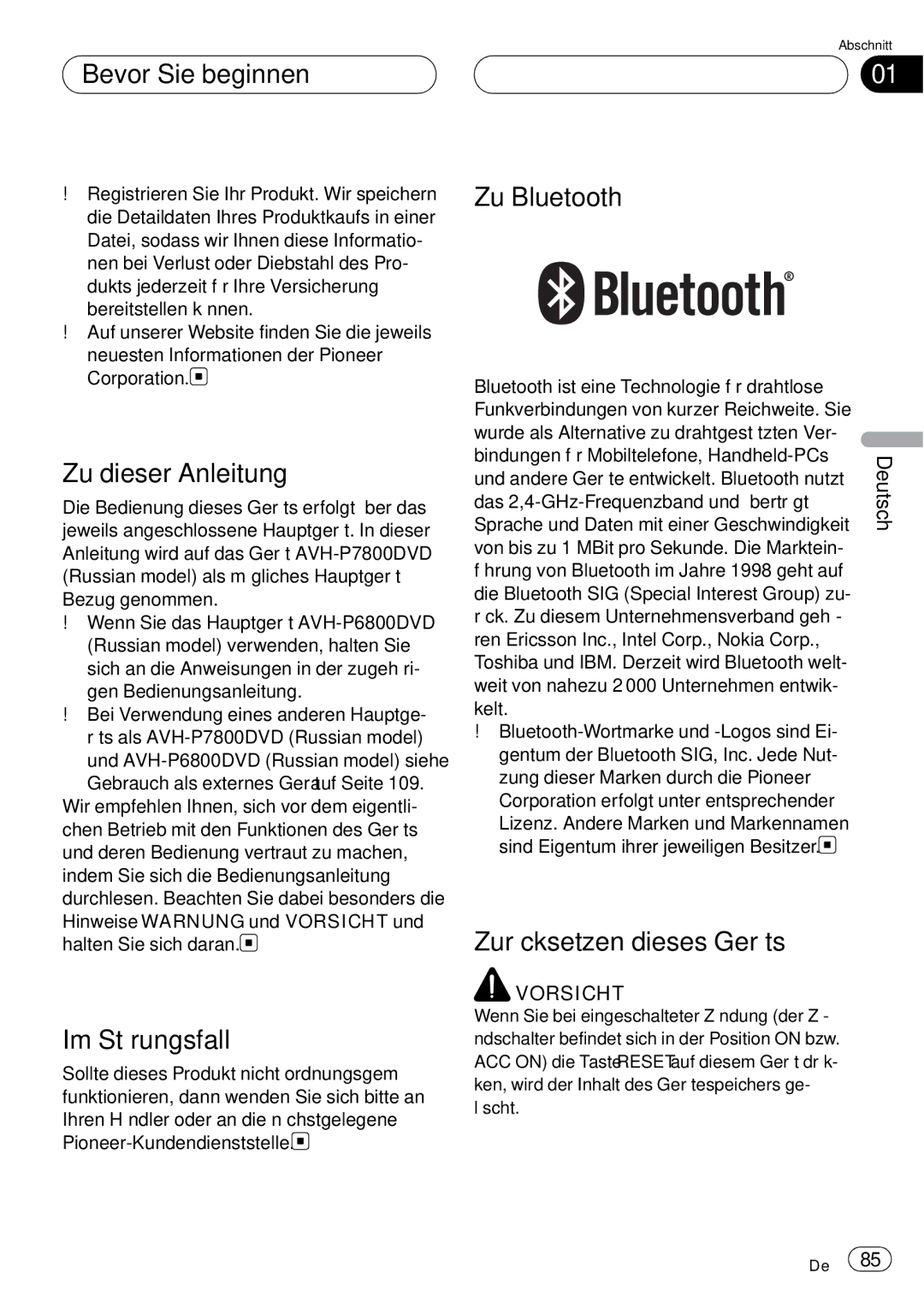 Pioneer CD-BTB20 owner manual Zu dieser Anleitung, Im Störungsfall, Zu Bluetooth, Zurücksetzen dieses Geräts 