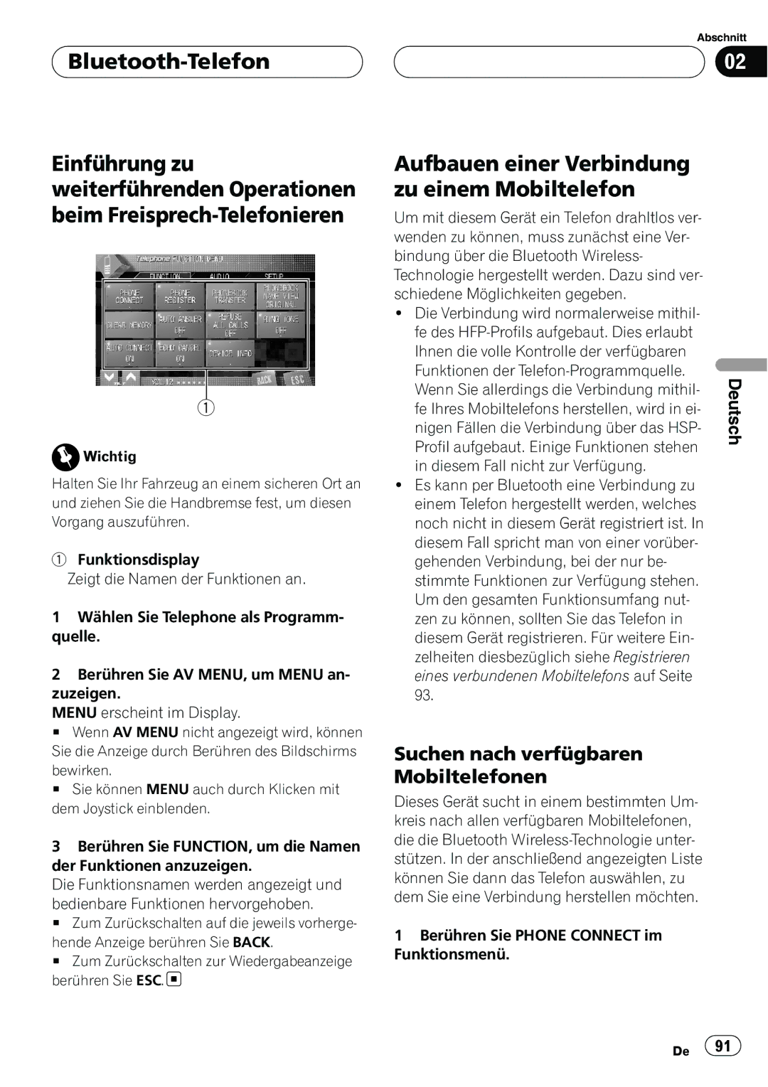 Pioneer CD-BTB20 owner manual Aufbauen einer Verbindung zu einem Mobiltelefon, Suchen nach verfügbaren Mobiltelefonen 