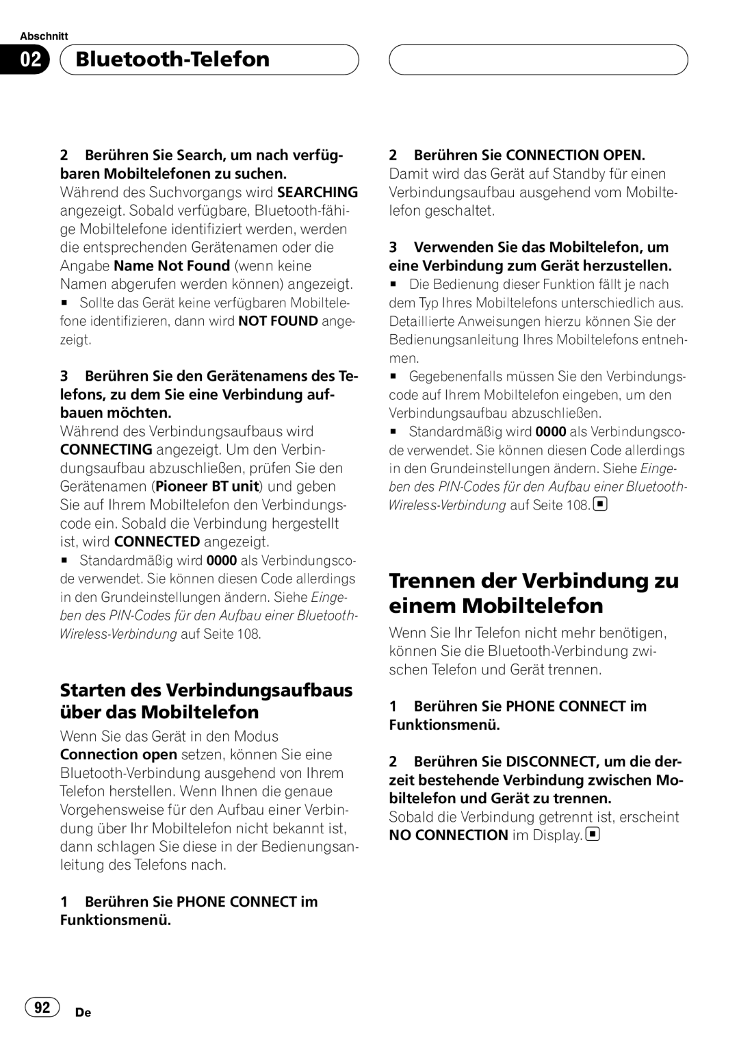 Pioneer CD-BTB20 Trennen der Verbindung zu einem Mobiltelefon, Starten des Verbindungsaufbaus über das Mobiltelefon, Men 