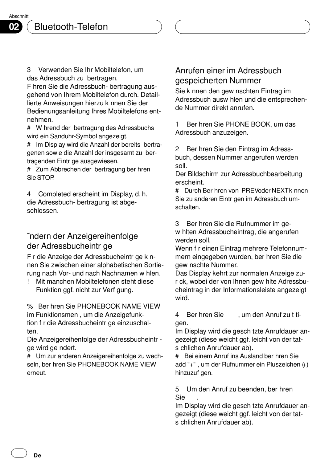 Pioneer CD-BTB20 Ändern der Anzeigereihenfolge der Adressbucheinträge, Anrufen einer im Adressbuch gespeicherten Nummer 