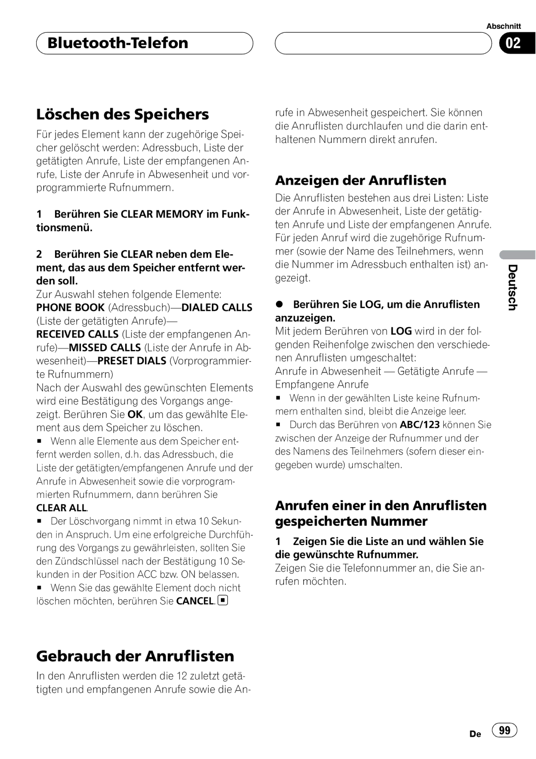 Pioneer CD-BTB20 owner manual Bluetooth-Telefon Löschen des Speichers, Gebrauch der Anruflisten, Anzeigen der Anruflisten 