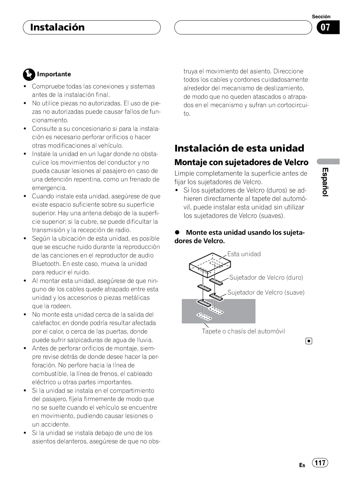 Pioneer CD-BTB200 owner manual Instalación, Limpie completamente la superficie antes de 