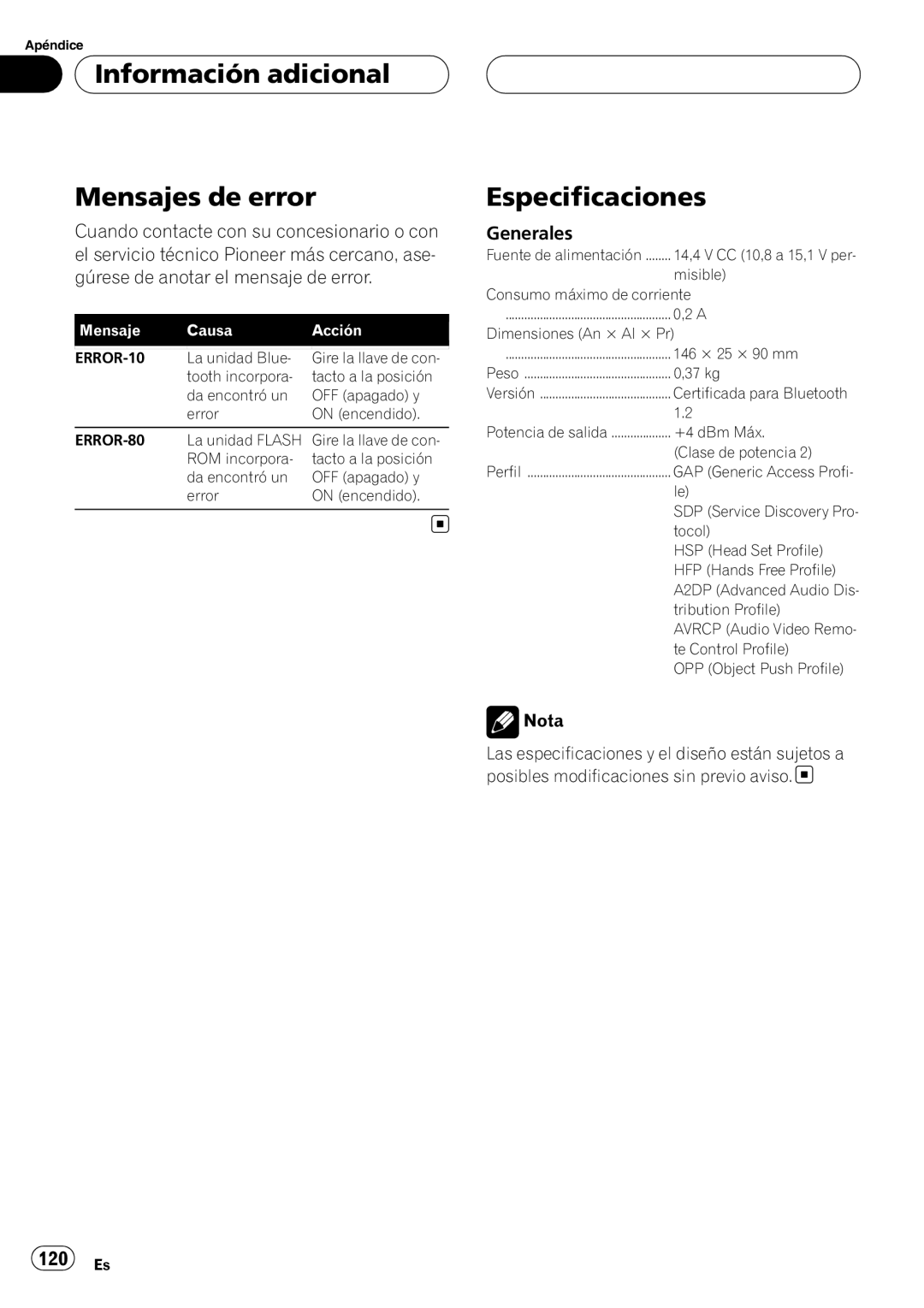 Pioneer CD-BTB200 owner manual Información adicional Mensajes de error, Especificaciones, Generales 