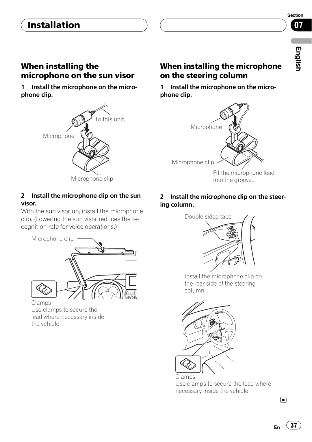 Pioneer CD-BTB200 owner manual When installing the microphone on the sun visor, On the steering column 