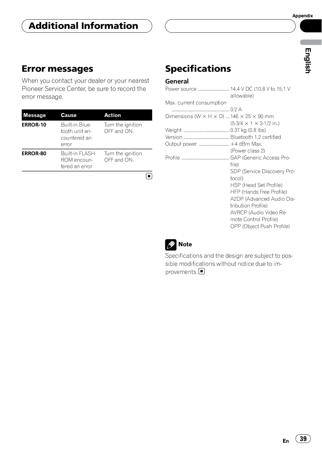 Pioneer CD-BTB200 owner manual Additional Information Error messages, Specifications, General 