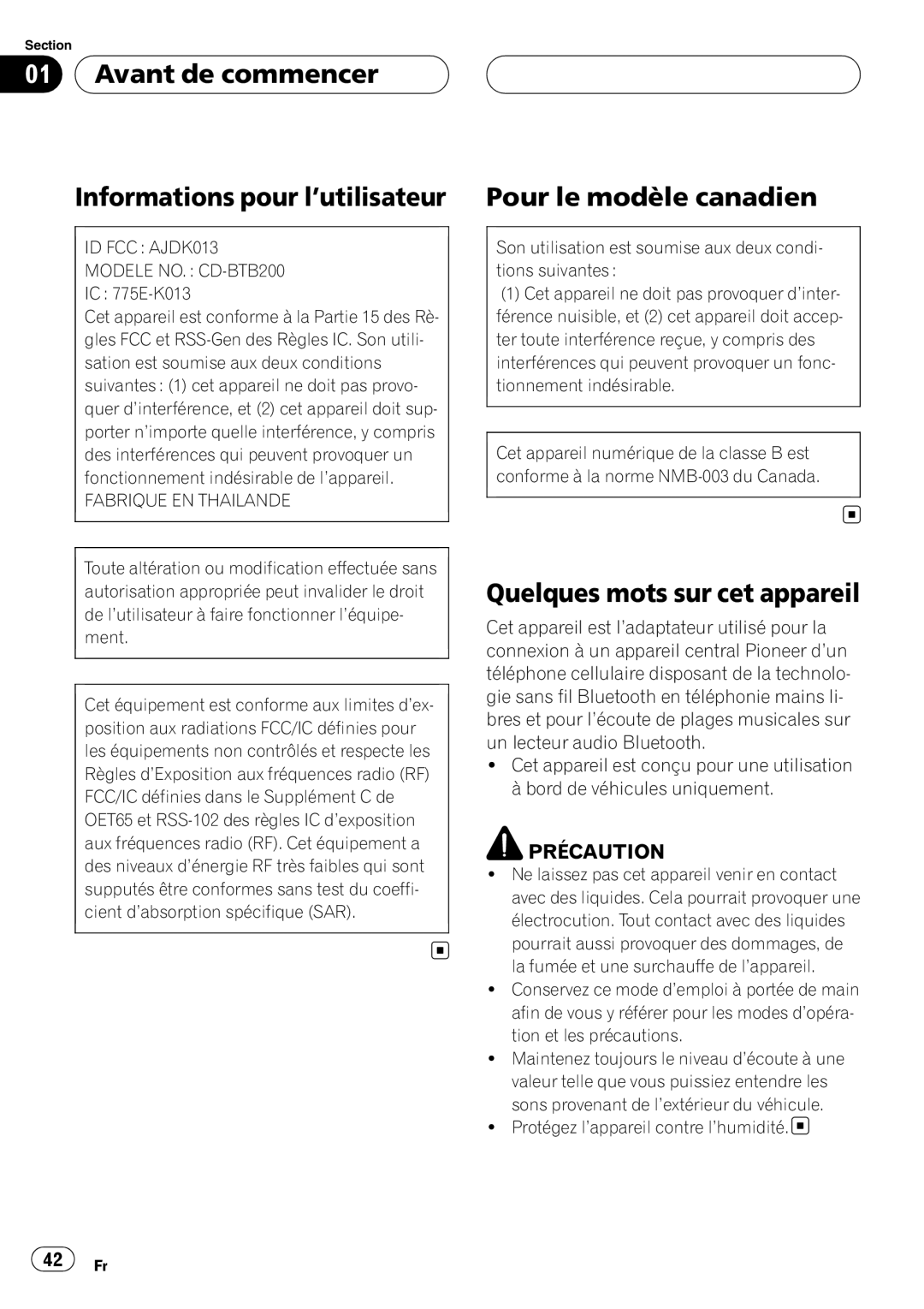 Pioneer CD-BTB200 owner manual Avant de commencer Informations pour l’utilisateur, Pour le modèle canadien 