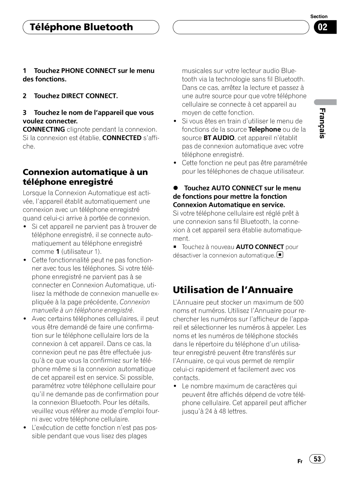 Pioneer CD-BTB200 Utilisation de l’Annuaire, Connexion automatique à un téléphone enregistré, Moyen de cette fonction 