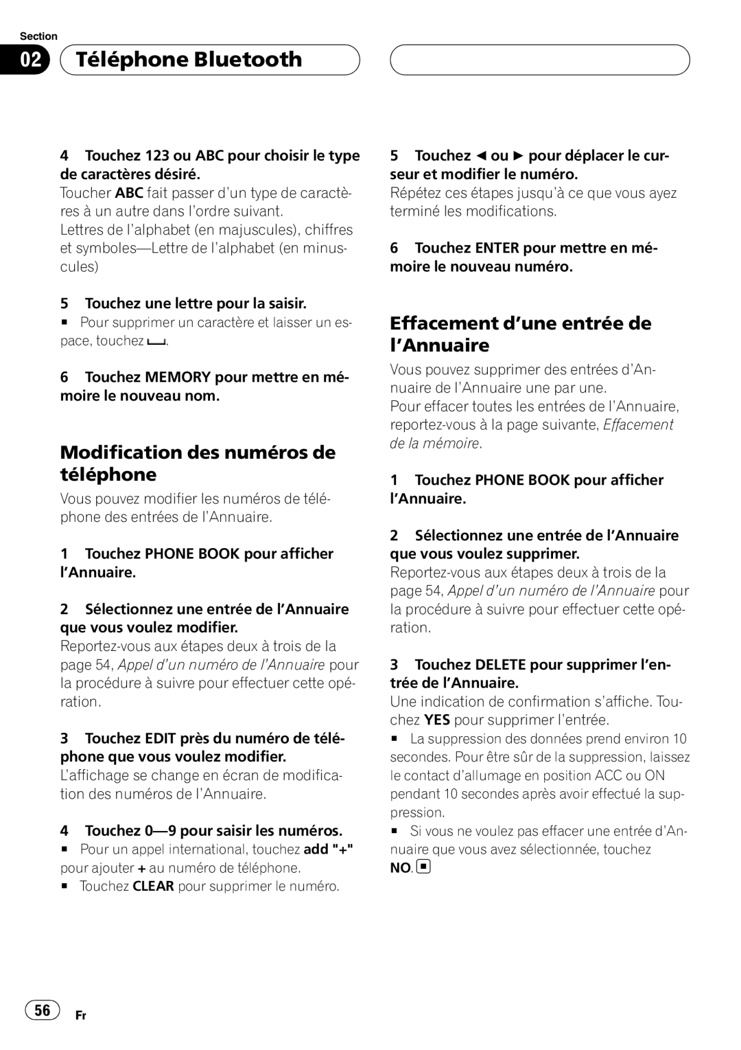 Pioneer CD-BTB200 owner manual Modification des numéros de téléphone, Effacement d’une entrée de l’Annuaire 