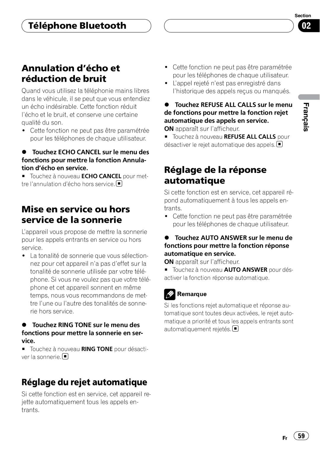 Pioneer CD-BTB200 owner manual Téléphone Bluetooth Annulation d’écho et réduction de bruit, Réglage du rejet automatique 