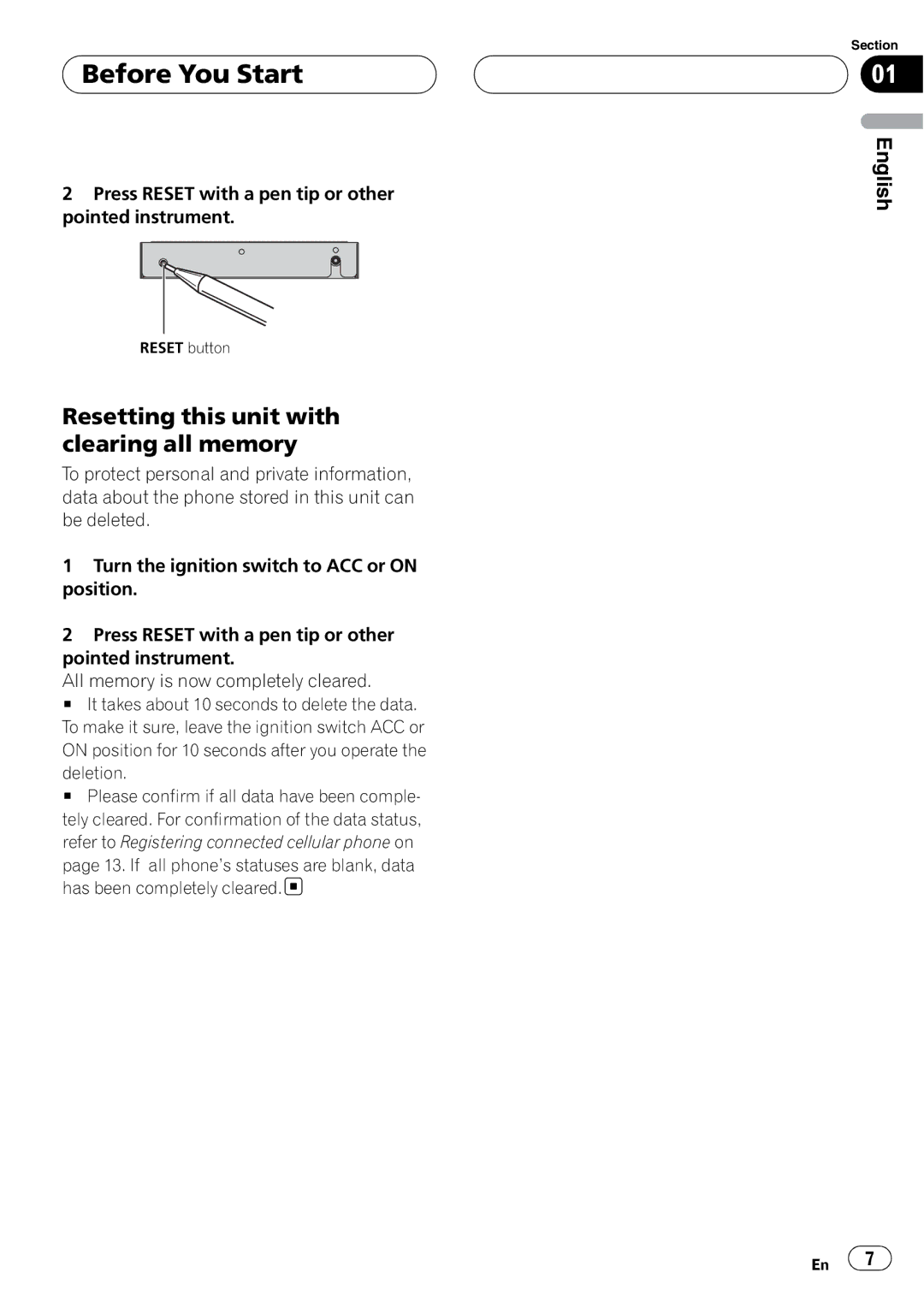 Pioneer CD-BTB200 owner manual Before You Start, Resetting this unit with clearing all memory, Deletion 