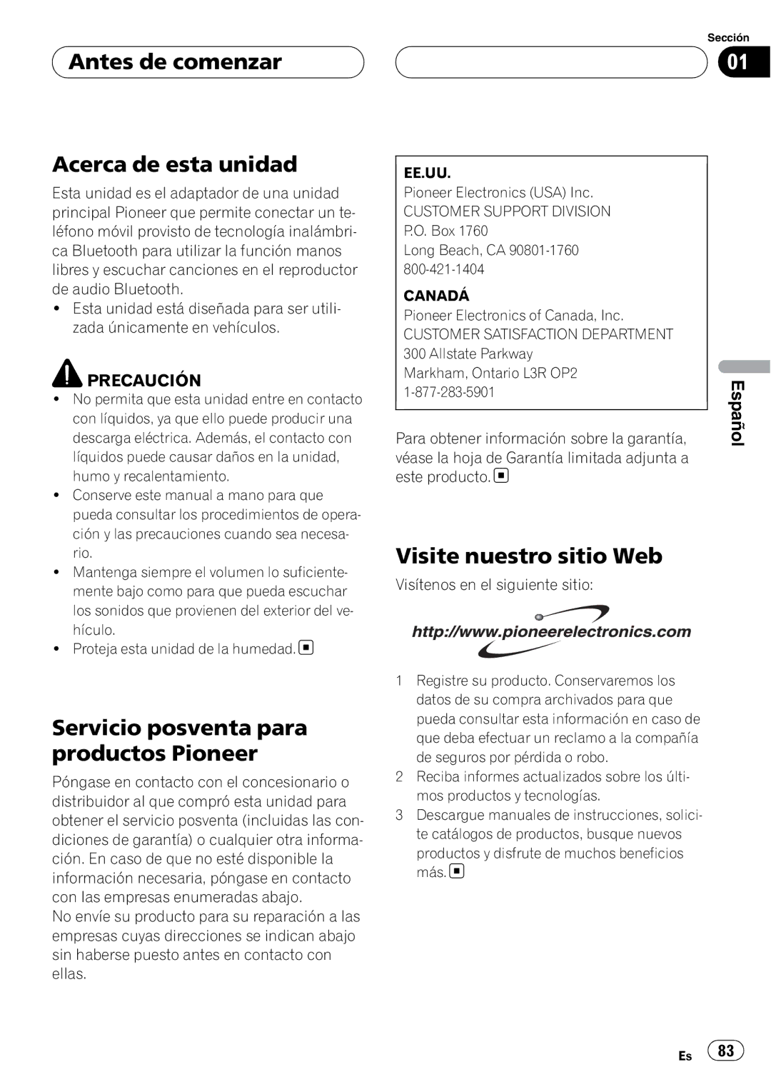 Pioneer CD-BTB200 owner manual Antes de comenzar Acerca de esta unidad, Servicio posventa para productos Pioneer 