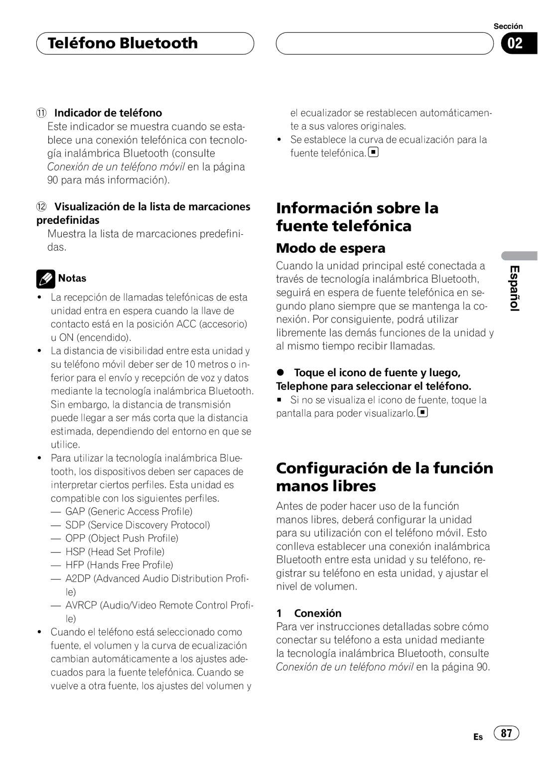 Pioneer CD-BTB200 owner manual Teléfono Bluetooth, Información sobre la fuente telefónica, Modo de espera 