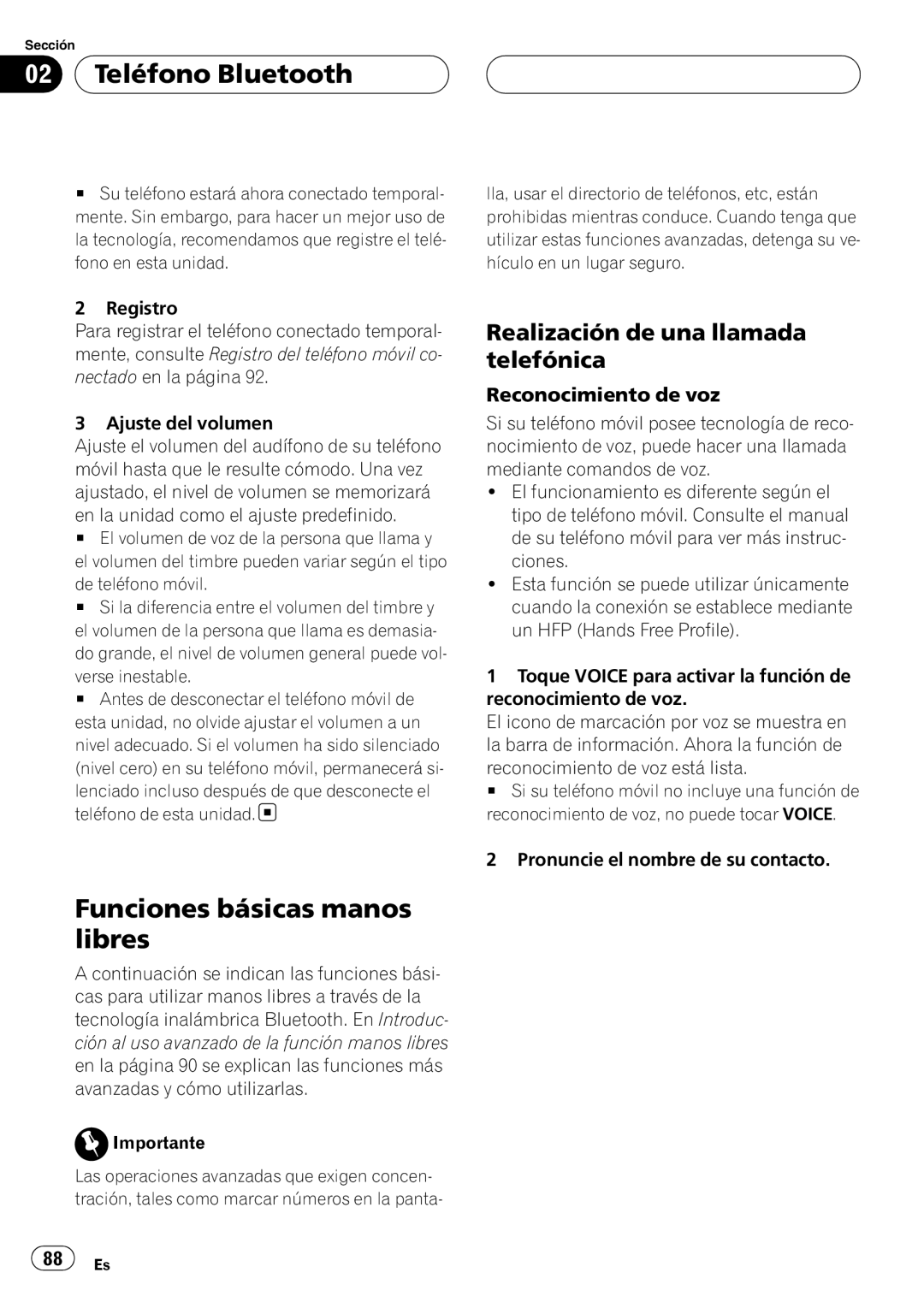 Pioneer CD-BTB200 owner manual 02 Teléfono Bluetooth, Funciones básicas manos libres, Realización de una llamada telefónica 