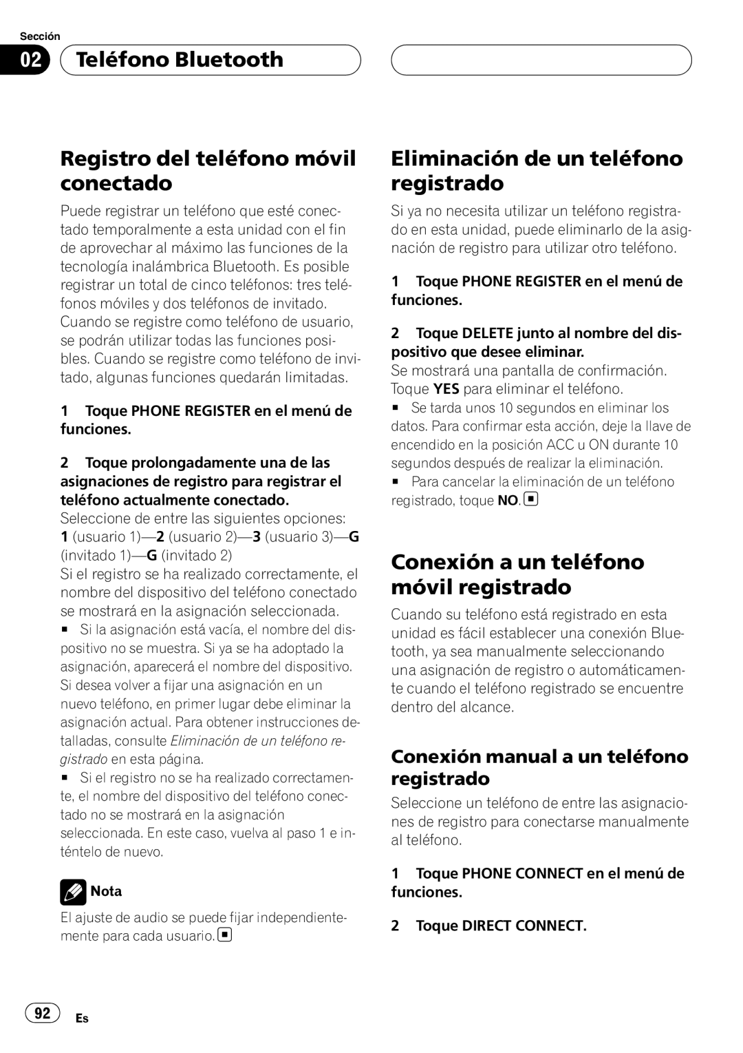 Pioneer CD-BTB200 Teléfono Bluetooth Registro del teléfono móvil conectado, Eliminación de un teléfono registrado 