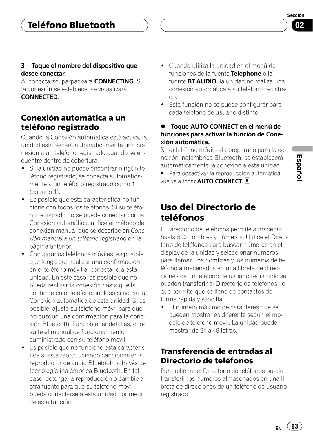 Pioneer CD-BTB200 owner manual Uso del Directorio de teléfonos, Conexión automática a un teléfono registrado 