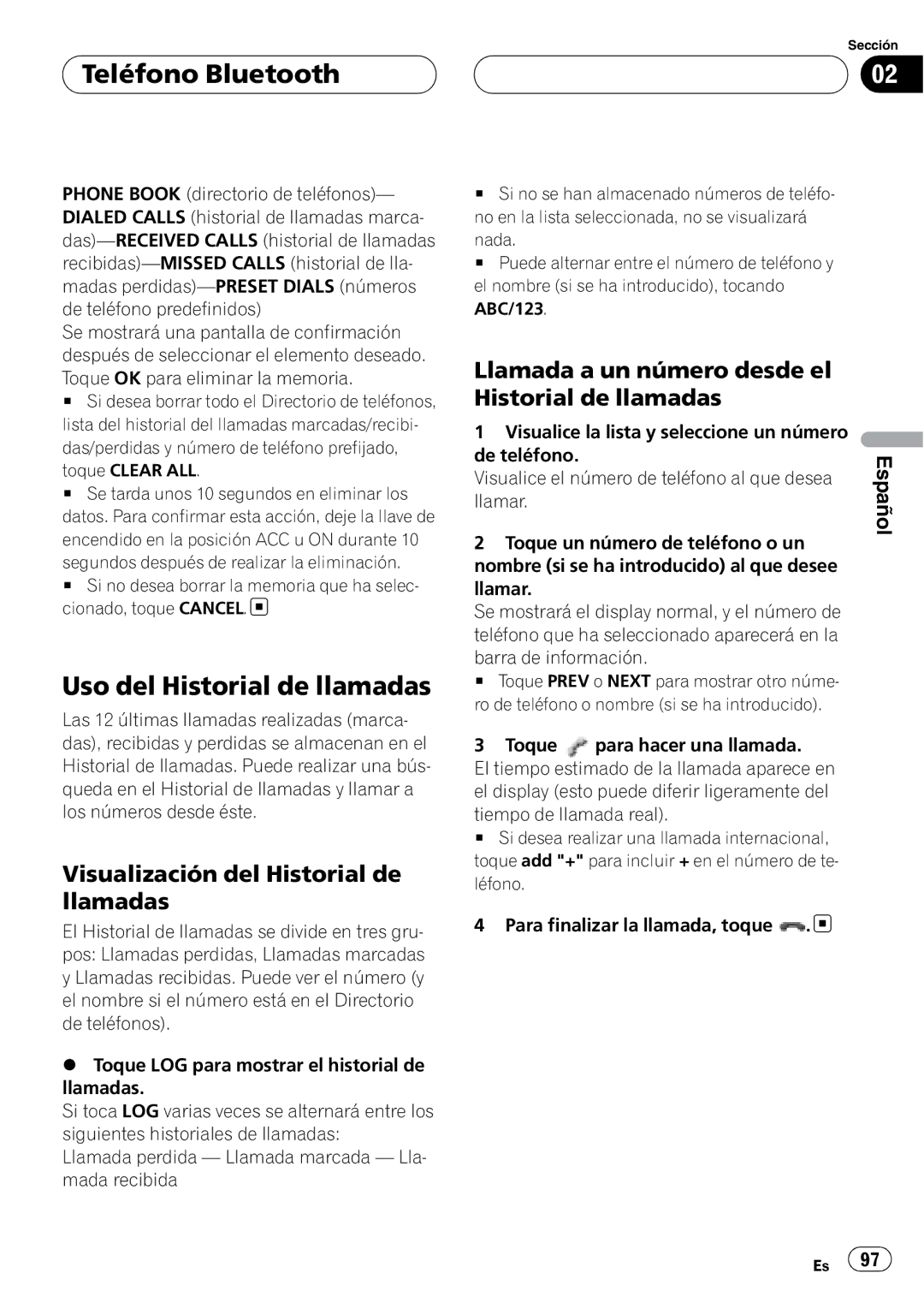 Pioneer CD-BTB200 owner manual Uso del Historial de llamadas, Visualización del Historial de llamadas 