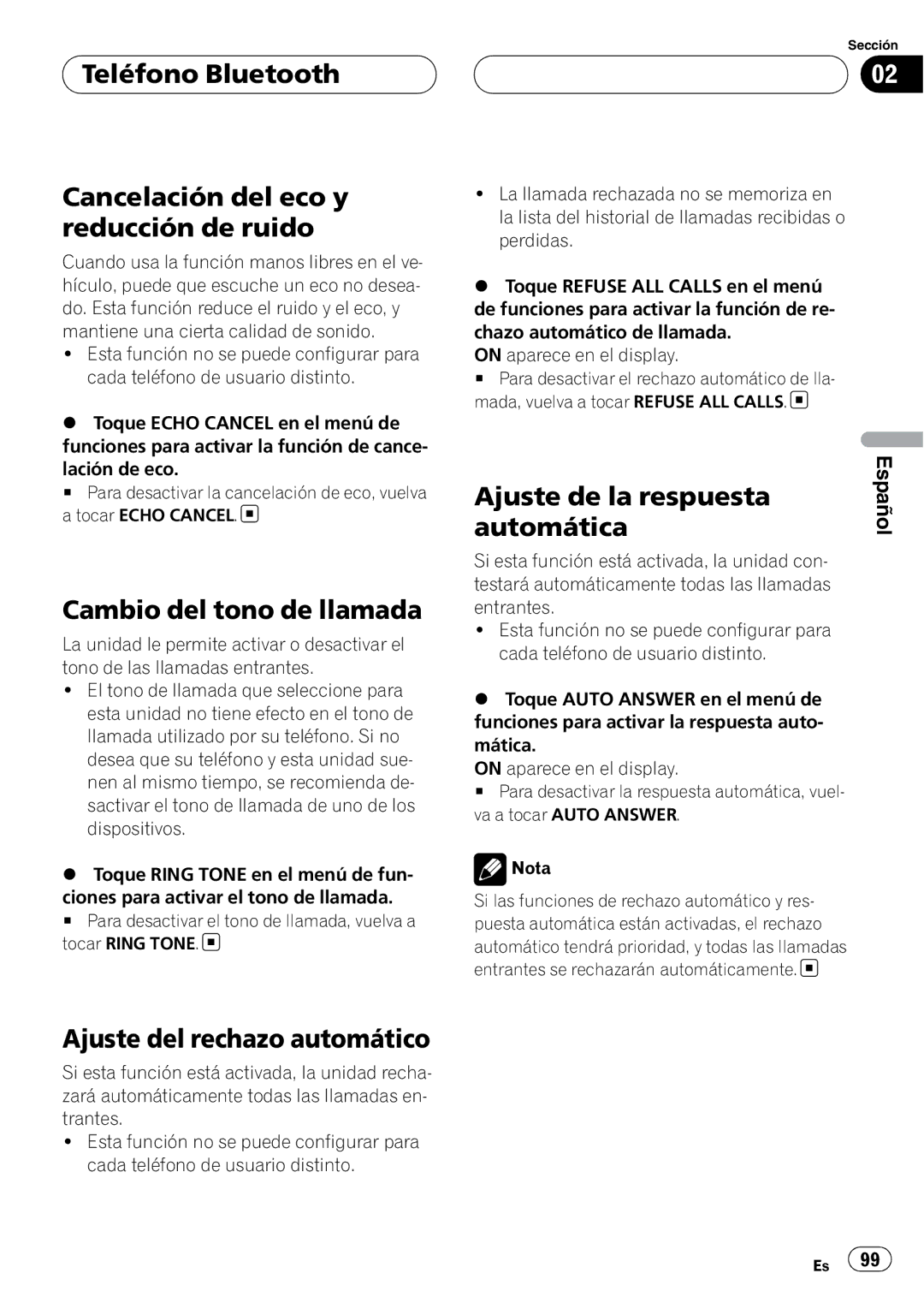 Pioneer CD-BTB200 Teléfono Bluetooth Cancelación del eco y reducción de ruido, Cambio del tono de llamada, Automática 