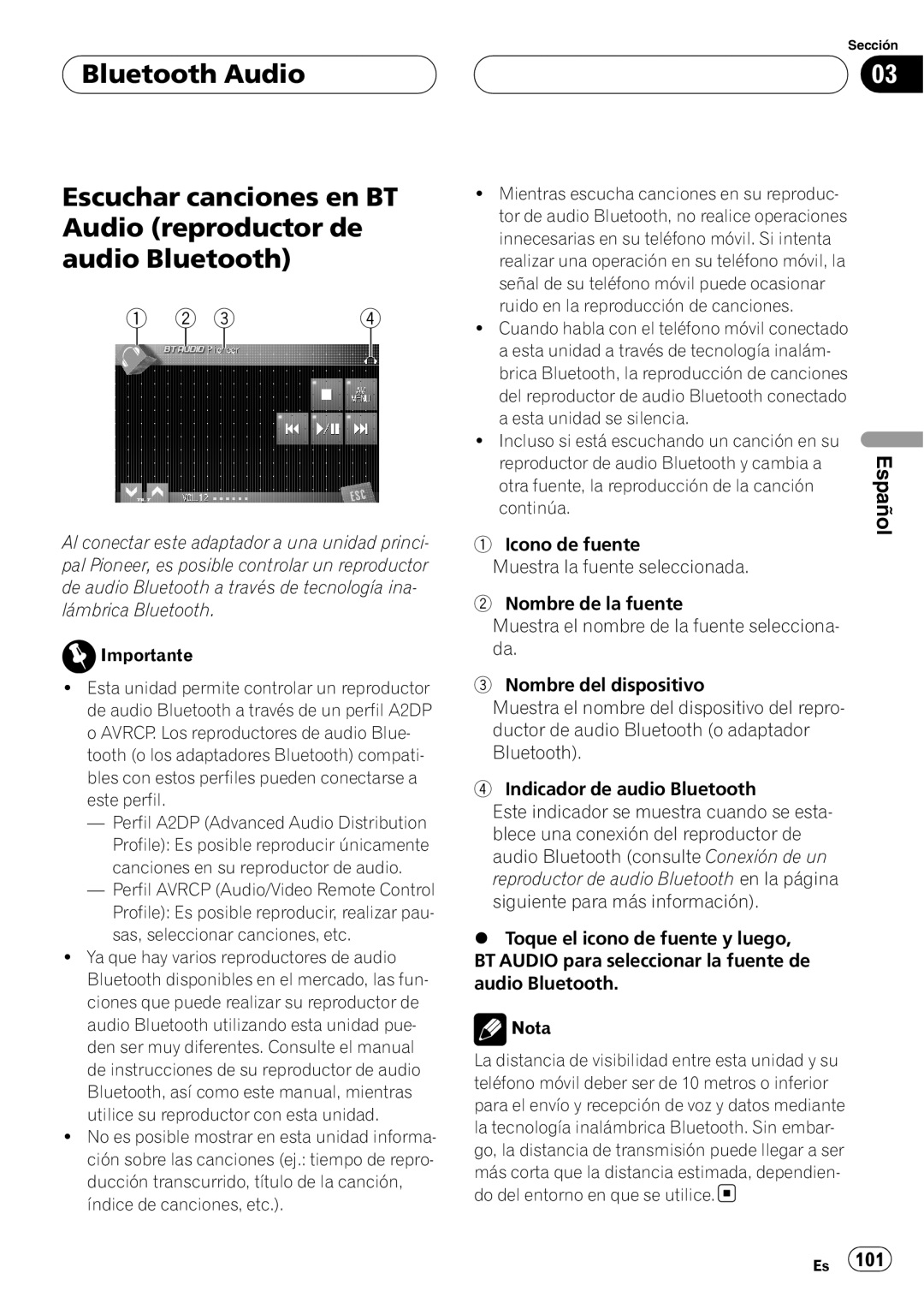 Pioneer CD-BTB200 owner manual Bluetooth Audio, Escuchar canciones en BT Audio reproductor de audio Bluetooth, Español 