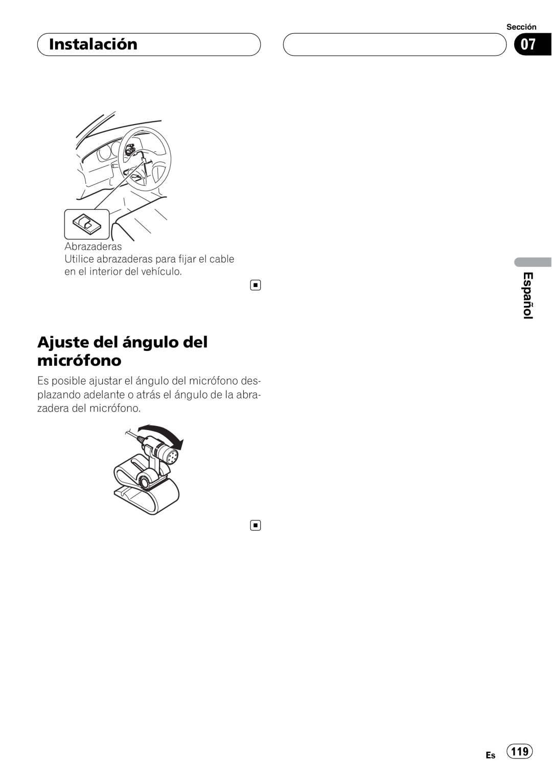 Pioneer CD-BTB200 owner manual Ajuste del ángulo del micrófono, Instalación, Español, Sección 