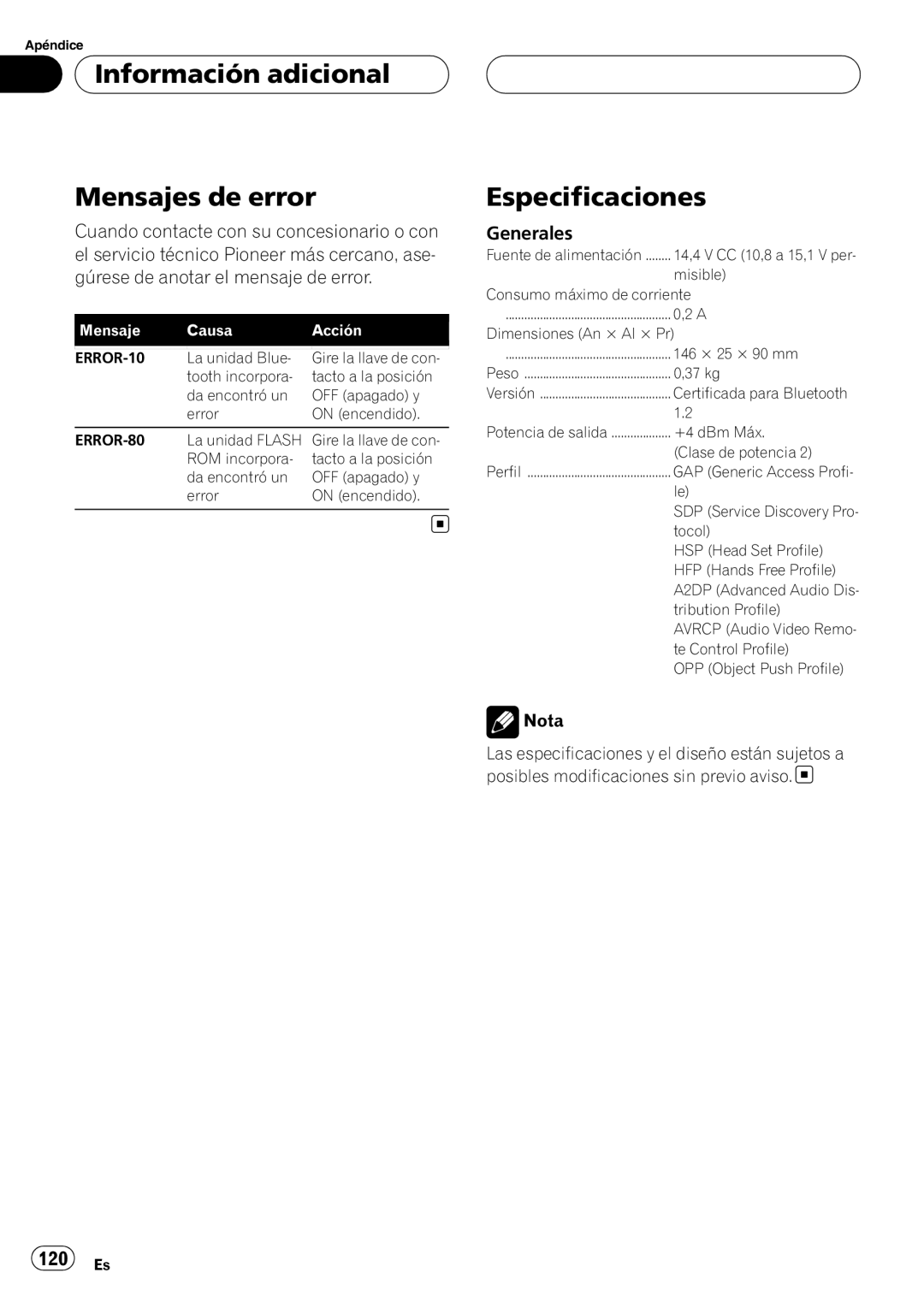 Pioneer CD-BTB200 owner manual Información adicional Mensajes de error, Especificaciones, 120 Es, Causa, Acción 