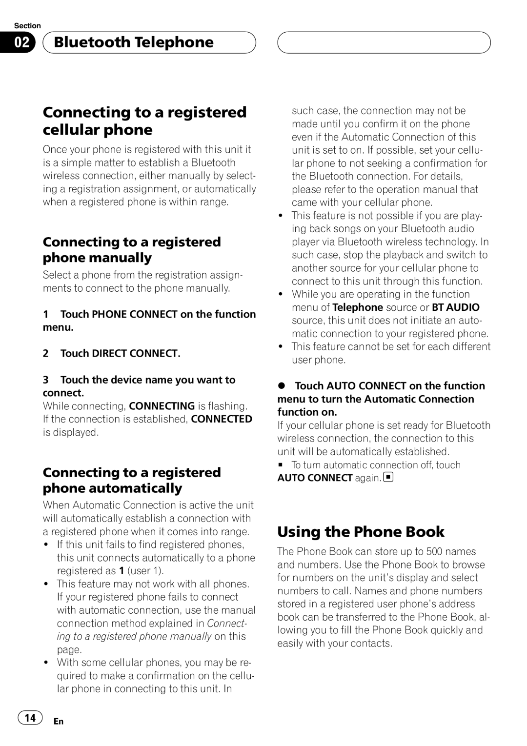 Pioneer CD-BTB200 owner manual Bluetooth Telephone Connecting to a registered cellular phone, Using the Phone Book 