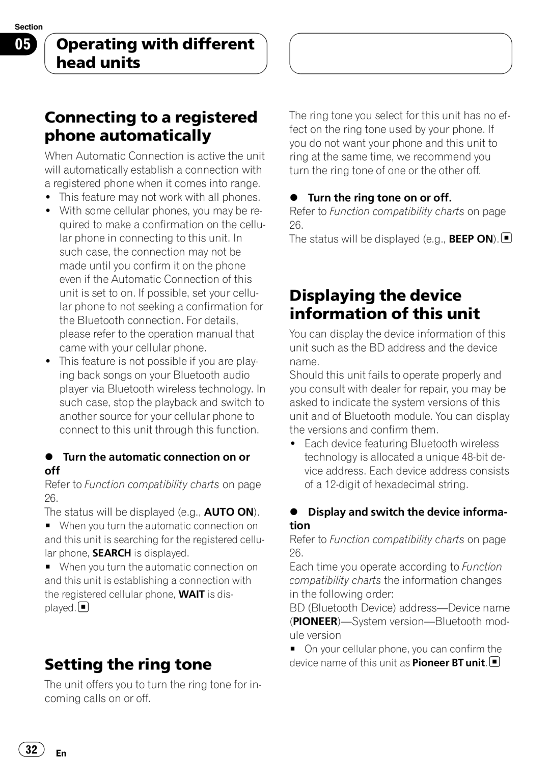 Pioneer CD-BTB200 owner manual Connecting to a registered phone automatically, Setting the ring tone, 32 En 
