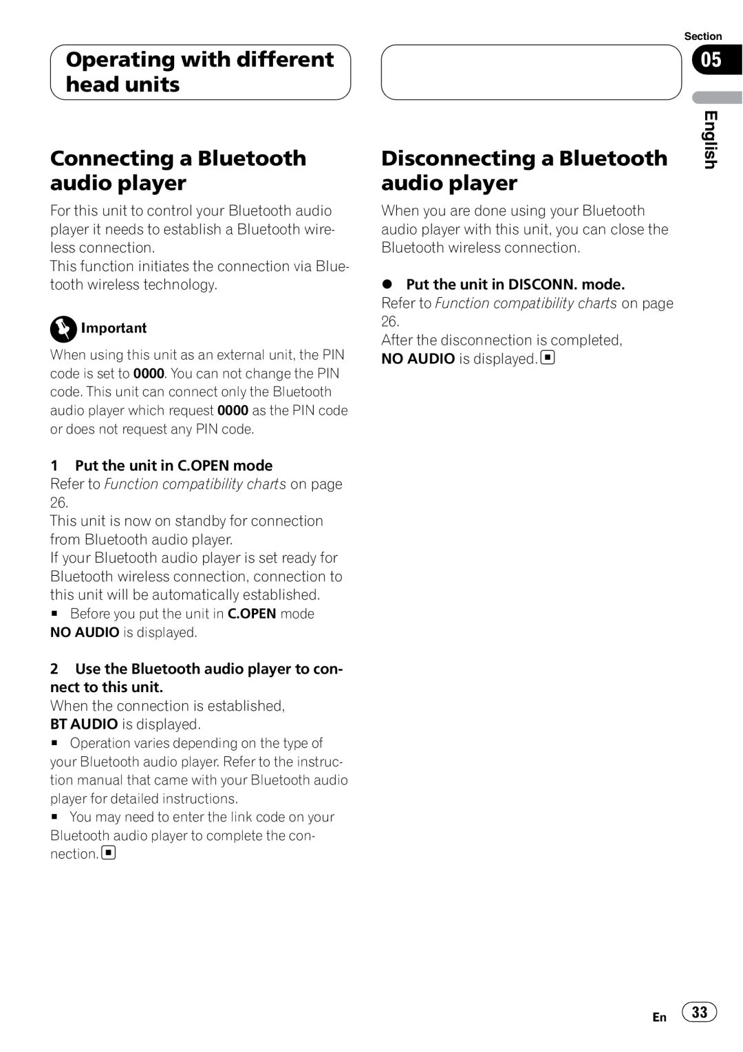 Pioneer CD-BTB200 owner manual Disconnecting a Bluetooth audio player, Operating with different head units, English 