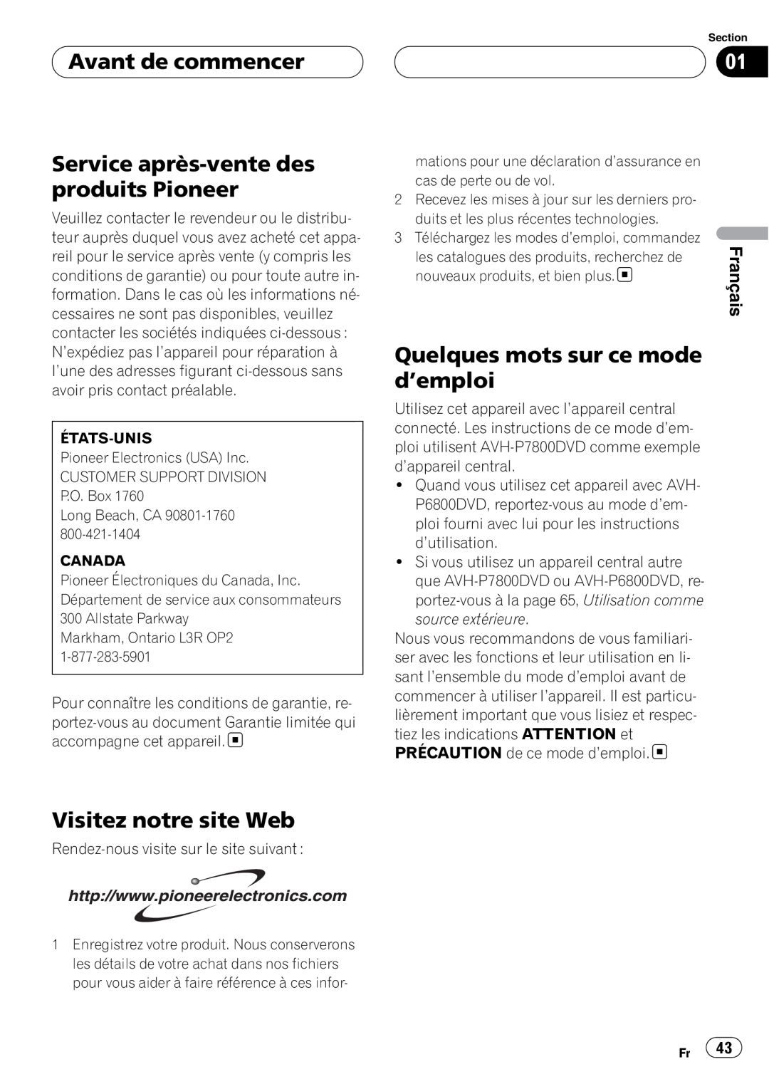Pioneer CD-BTB200 Avant de commencer Service après-vente des produits Pioneer, Visitez notre site Web, Français 