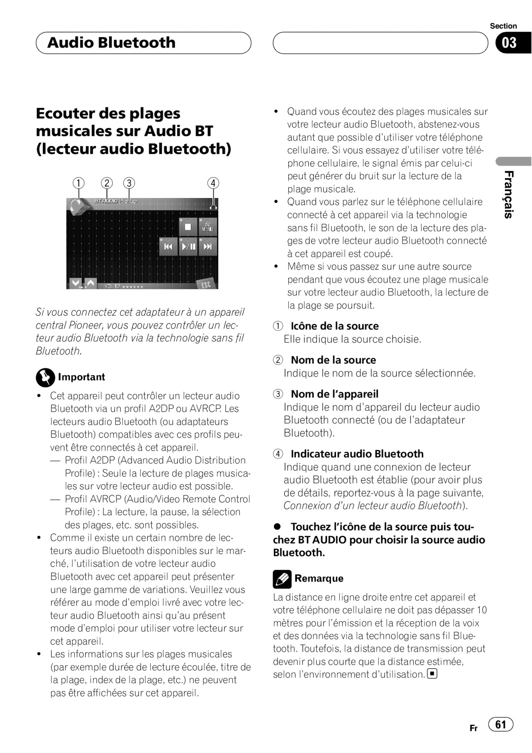 Pioneer CD-BTB200 owner manual Audio Bluetooth, Ecouter des plages musicales sur Audio BT lecteur audio Bluetooth, Français 