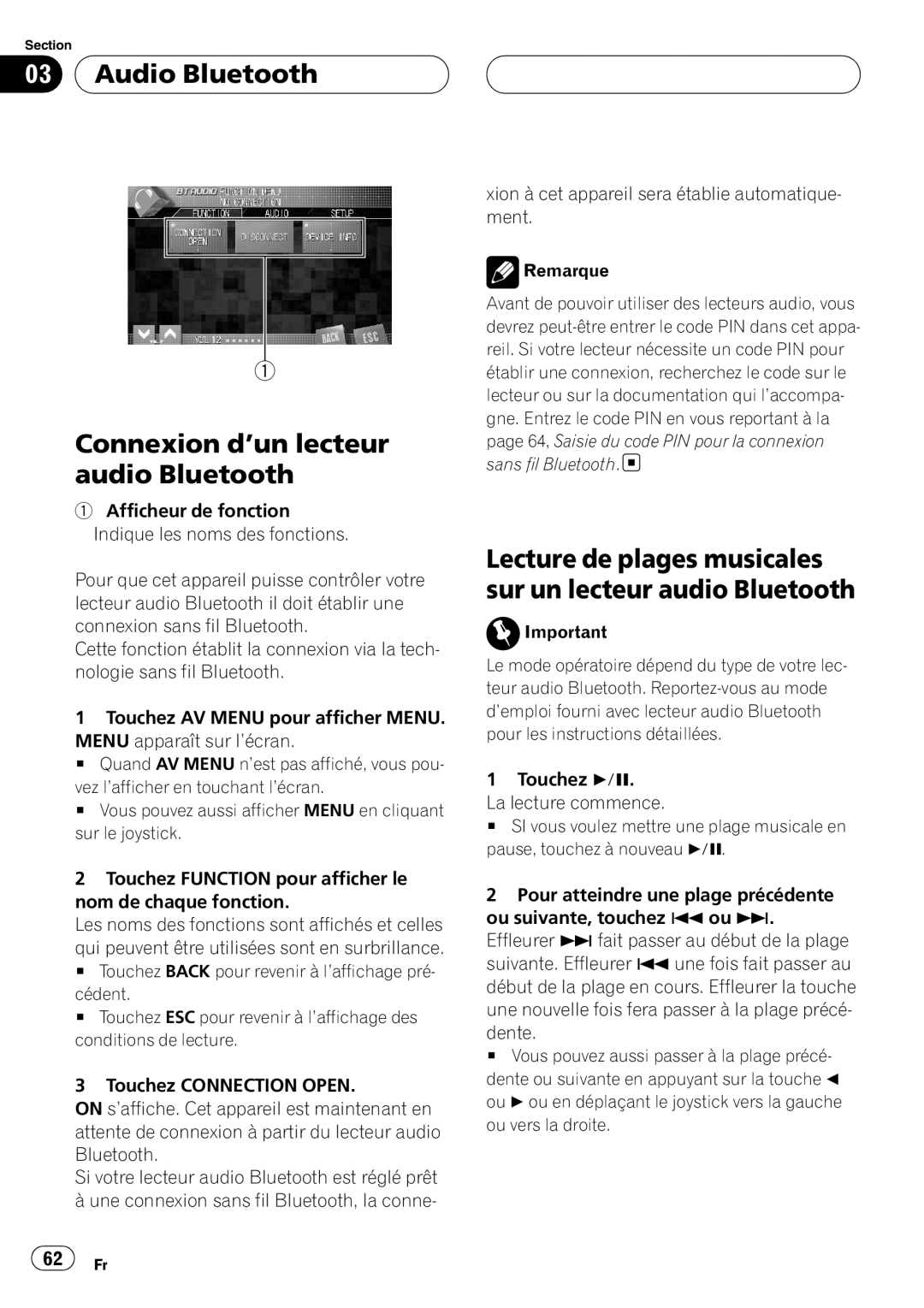 Pioneer CD-BTB200 owner manual Audio Bluetooth, Connexion d’un lecteur audio Bluetooth, 62 Fr 