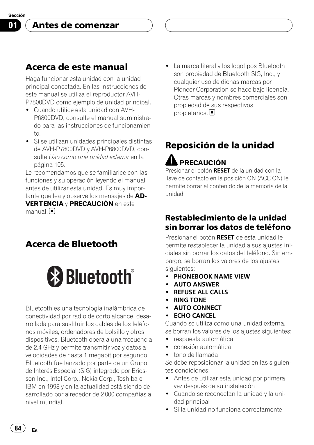 Pioneer CD-BTB200 Antes de comenzar Acerca de este manual, Acerca de Bluetooth, Reposición de la unidad, Precaución 