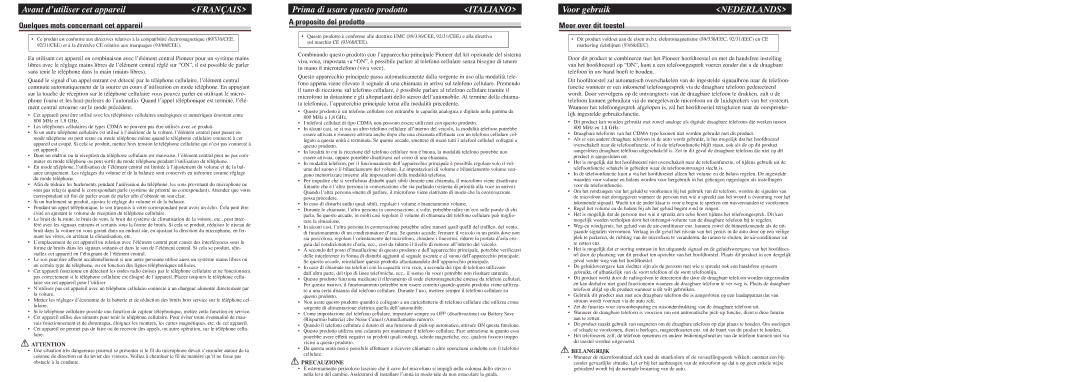 Pioneer CD-HF1 owner manual Français, Italiano, Nederlands 