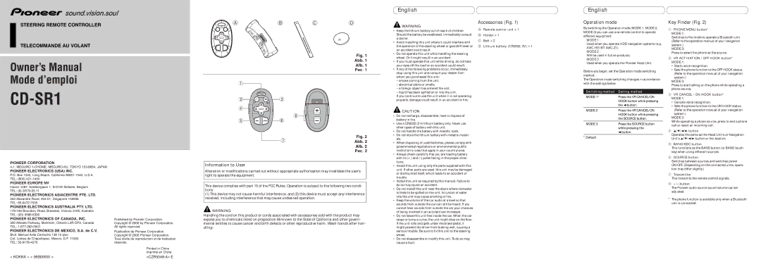 Pioneer CD-SR1 owner manual Information to User, Accessories Fig, Operation mode, Key Finder Fig 