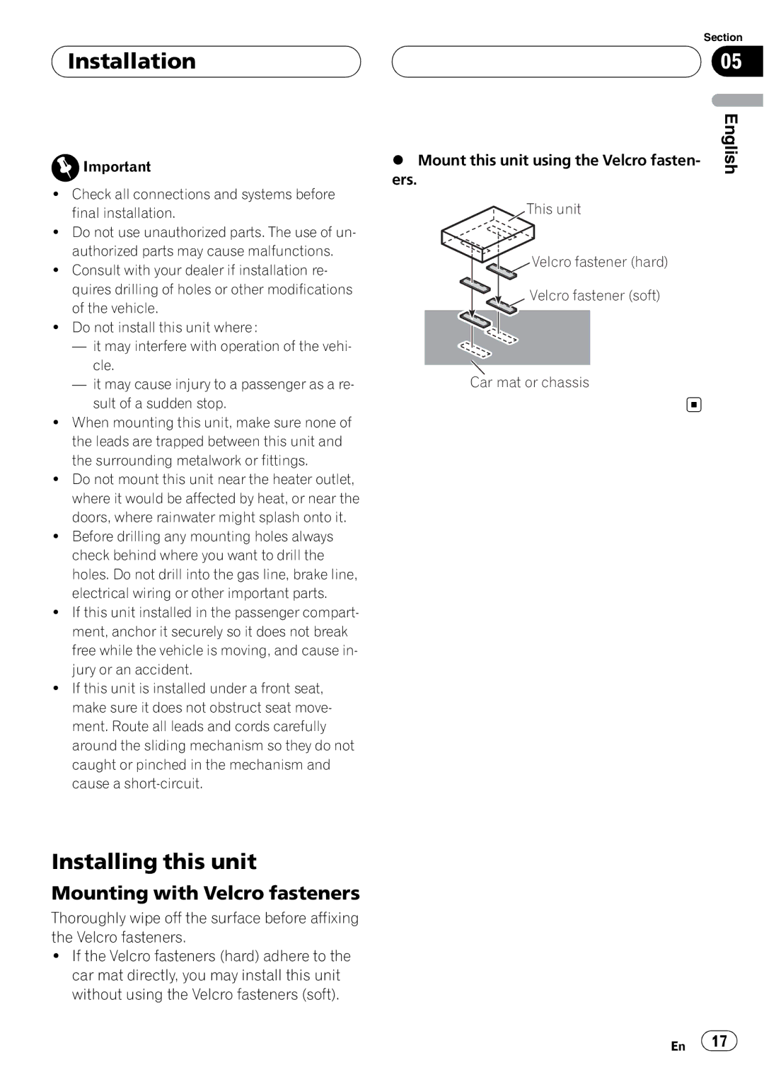 Pioneer CD-UB100 owner manual Installation, Installing this unit, Mounting with Velcro fasteners 