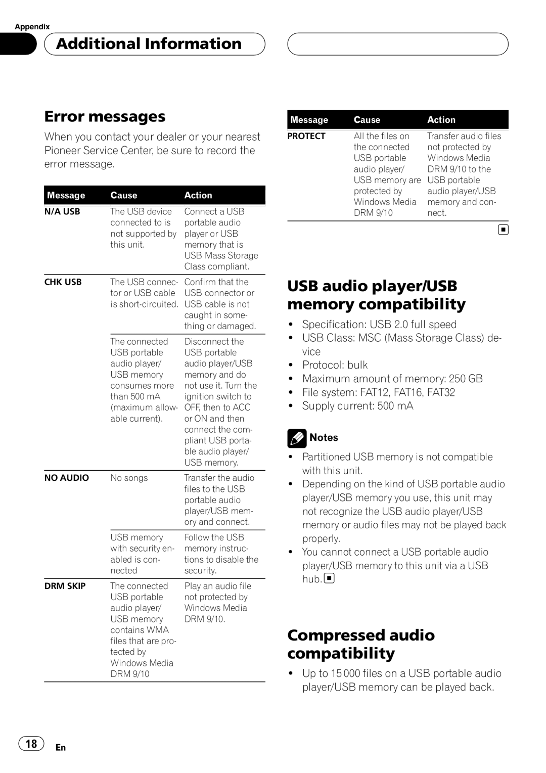 Pioneer CD-UB100 owner manual Additional Information Error messages, USB audio player/USB memory compatibility 