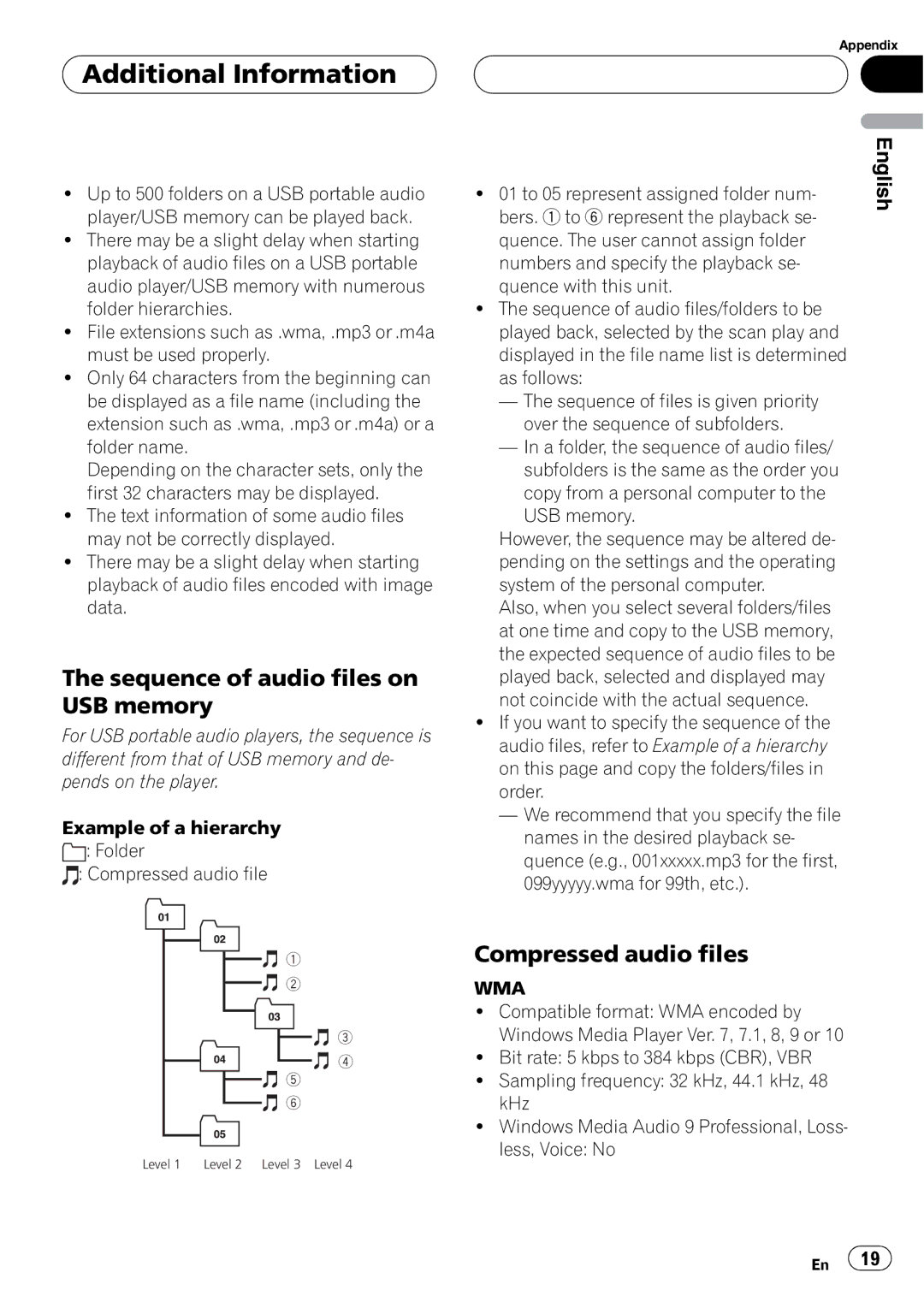 Pioneer CD-UB100 owner manual Additional Information, Sequence of audio files on USB memory, Compressed audio files, Wma 