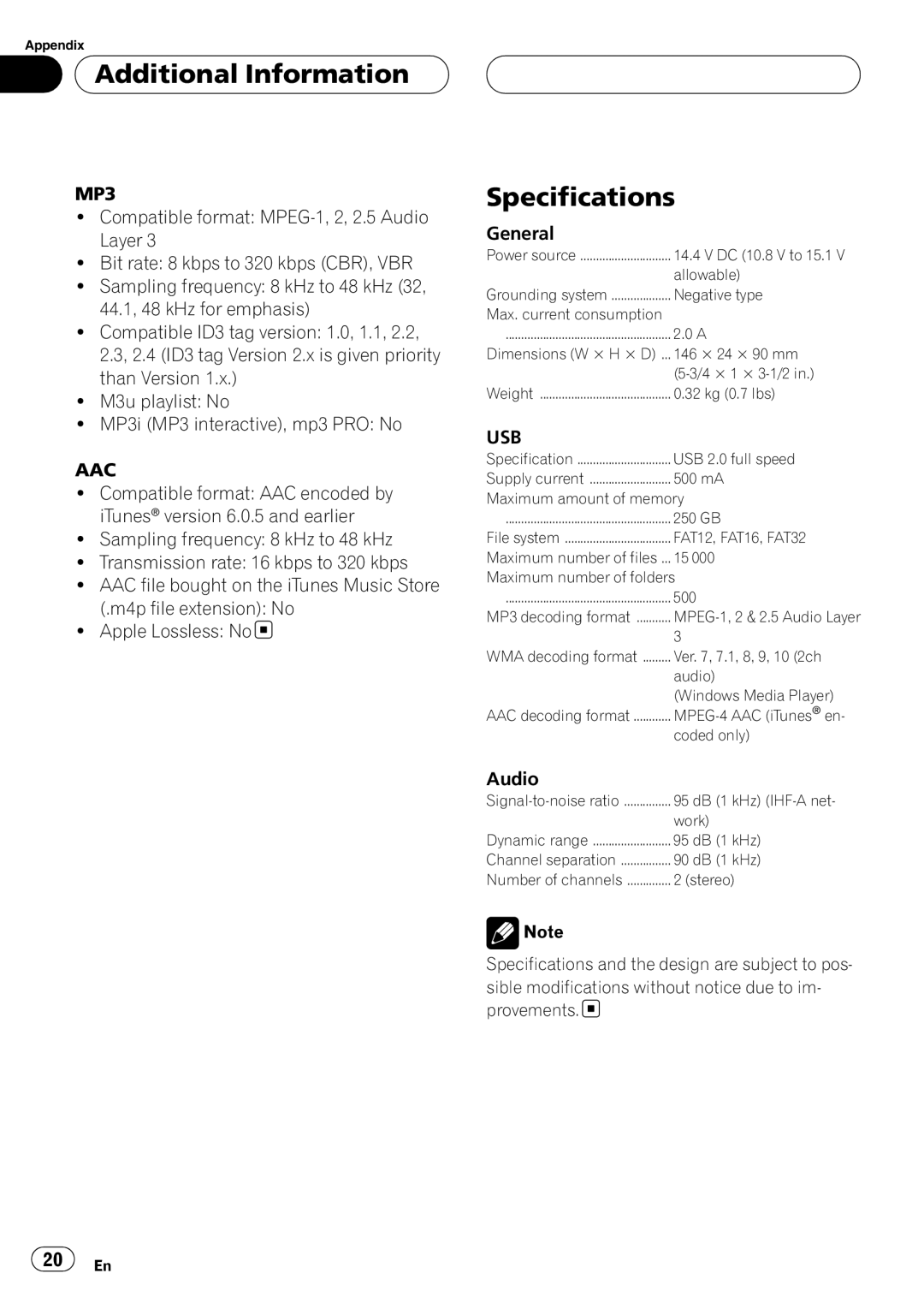 Pioneer CD-UB100 owner manual Specifications, MP3, Aac, Usb 