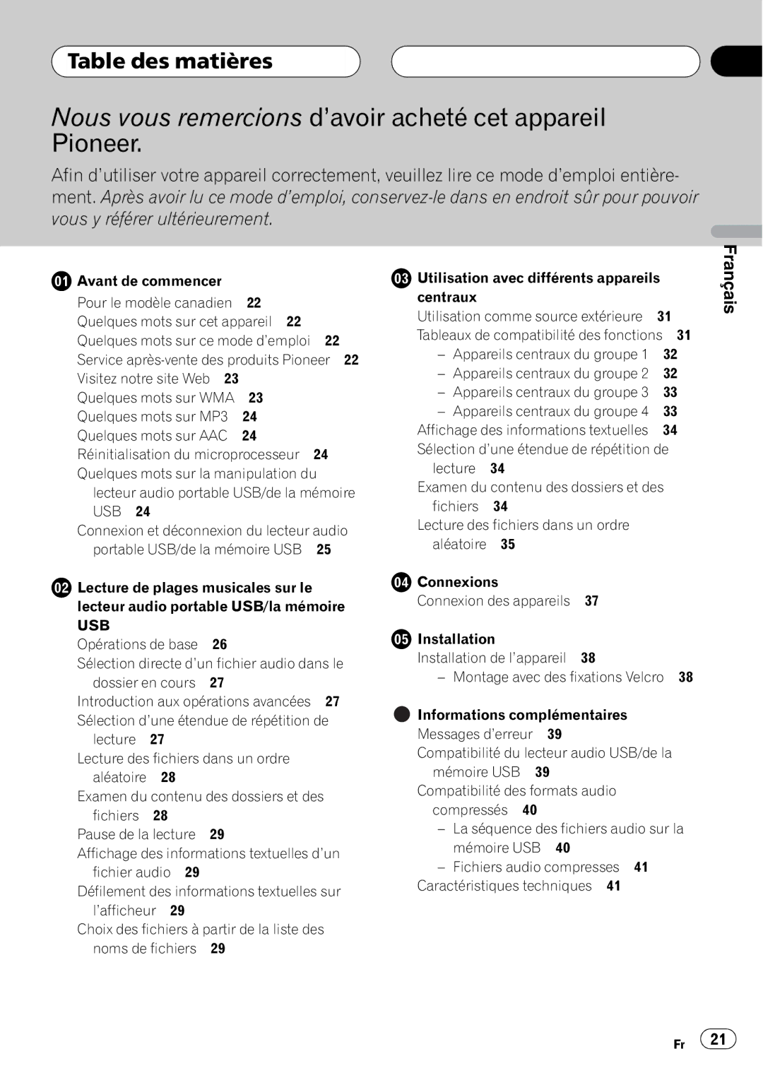 Pioneer CD-UB100 owner manual Nous vous remercions d’avoir acheté cet appareil Pioneer, Table des matières 