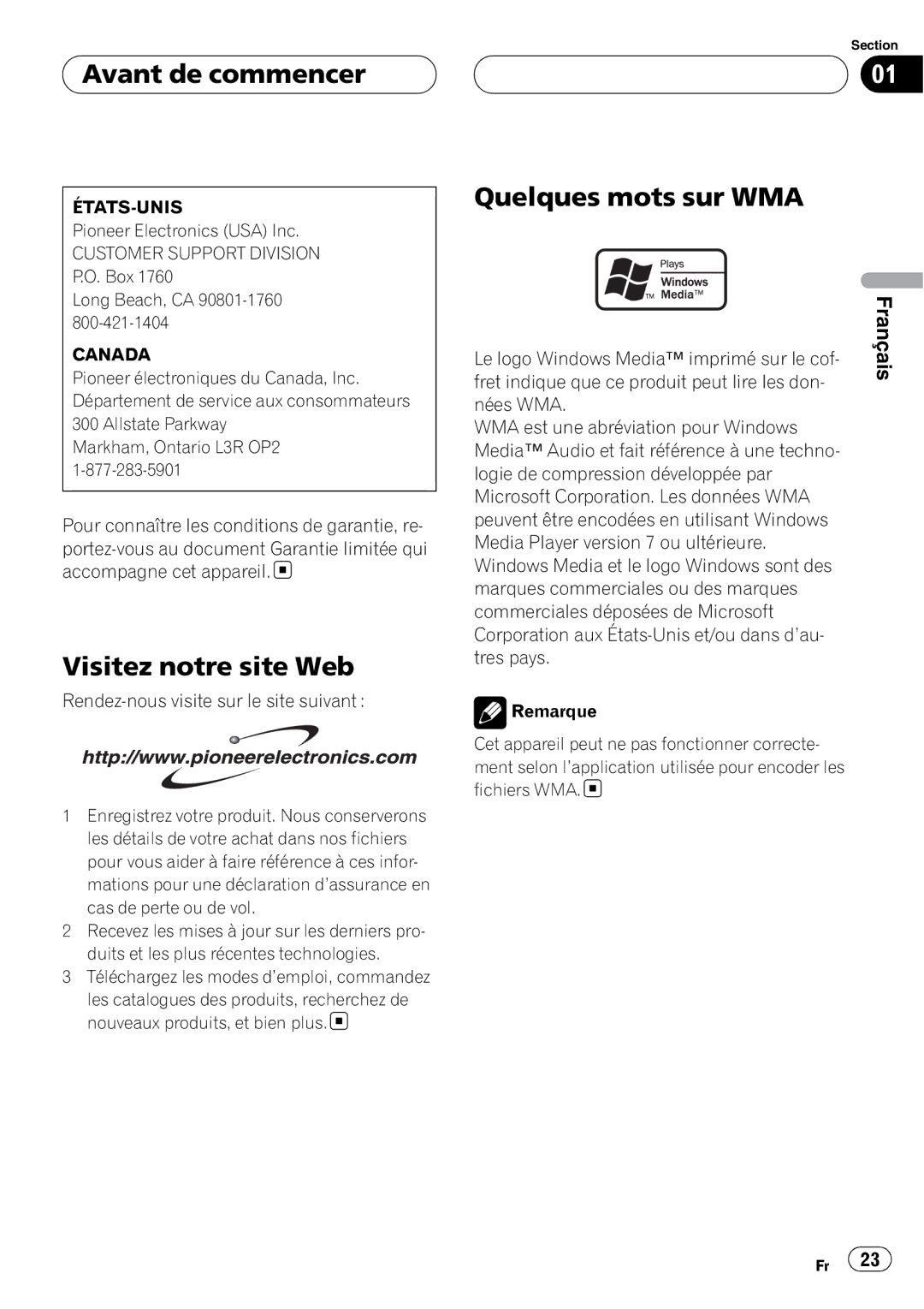 Pioneer CD-UB100 owner manual Avant de commencer, Visitez notre site Web, Quelques mots sur WMA, États-Unis 