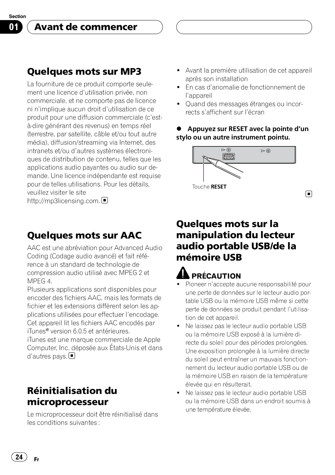 Pioneer CD-UB100 Avant de commencer Quelques mots sur MP3, Quelques mots sur AAC, Réinitialisation du microprocesseur 