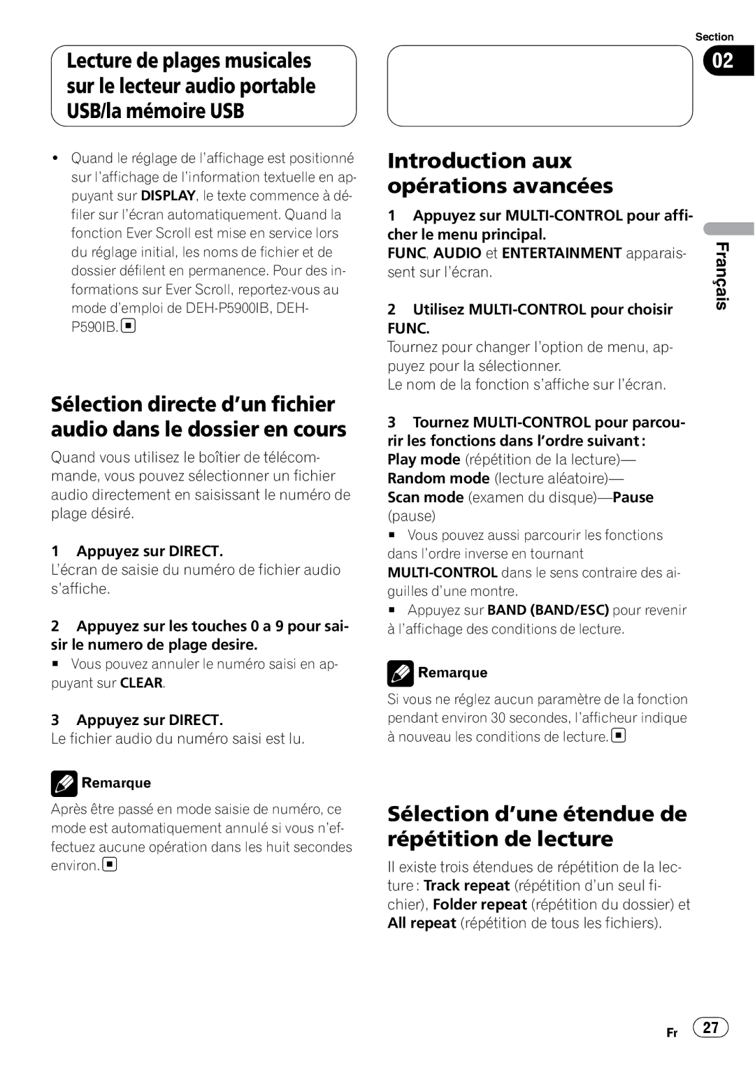 Pioneer CD-UB100 owner manual Introduction aux opérations avancées, Sélection d’une étendue de répétition de lecture, Func 