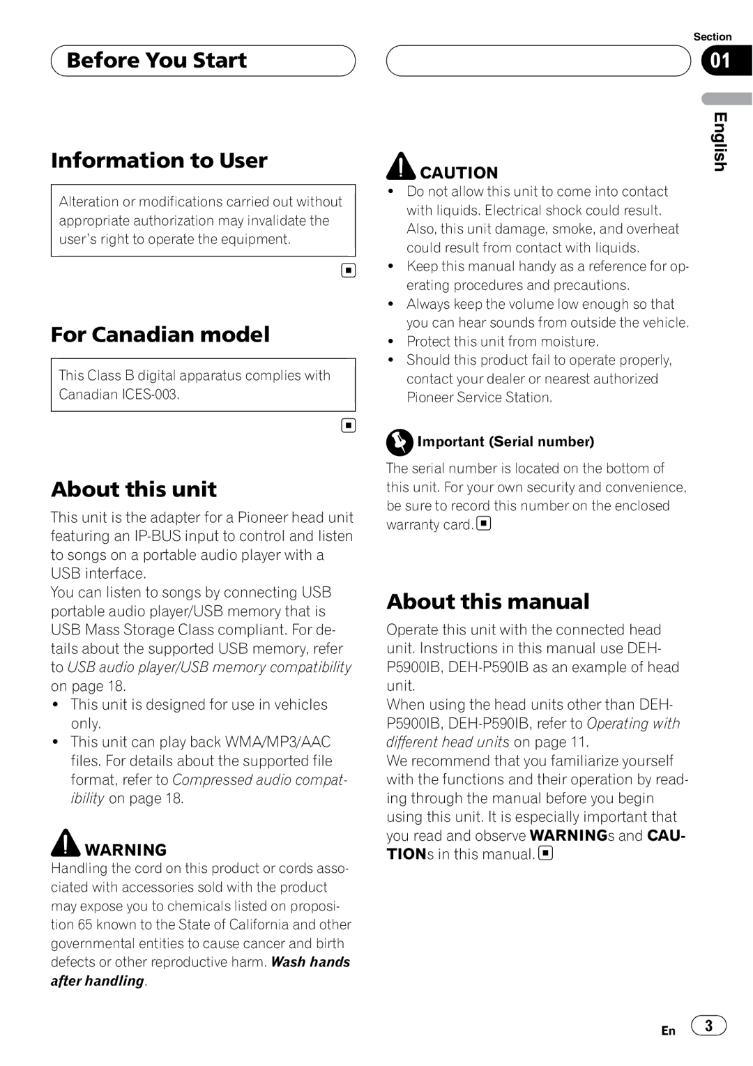 Pioneer CD-UB100 owner manual Before You Start Information to User, For Canadian model, About this unit, About this manual 